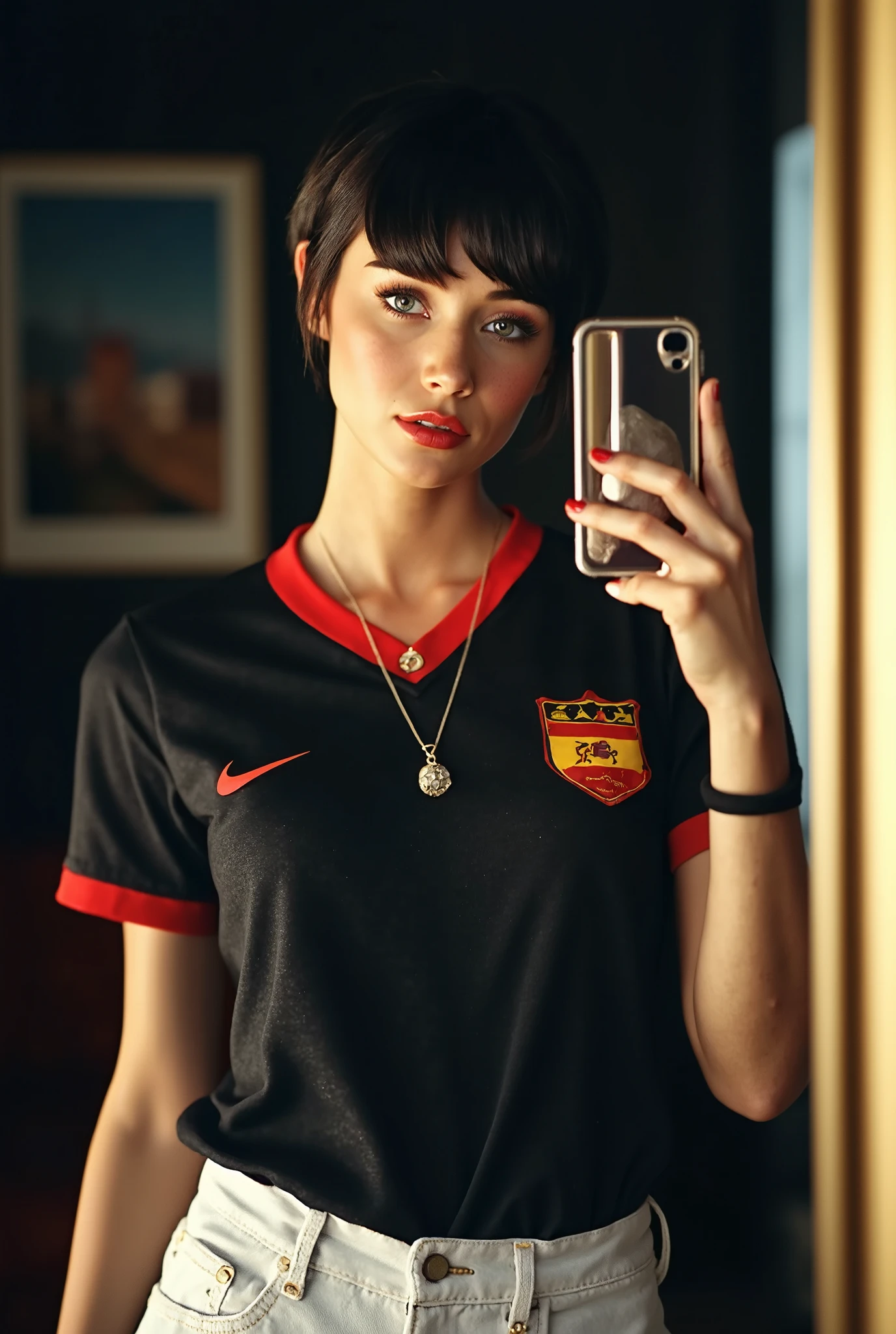 (sexy), (Sara Jean Underwood), (Sara Jean Underwood's facial features), (Sara Jean Underwood's face), (Sara Jean Underwood's body), ((Silky jet black pixie cut hair with bangs)), (green color eyes, eyes perfectly defined, pretty eyes), Detailed face, twenty three years old, model body, sexy body , ((she smiling, She wearing a Spanish national football team jersey, white jeans and a silver necklace, holding a silver smartphone with a studded case to take a mirror selfie with an iPhone 16 Pro Max, revealing red nail polish on her fingertips and a black hair elastic on her wrist, standing in an indoor environment with a dark background reflected in the mirror)), (Style: Photorealistic. Lighting: Soft natural light with some ambient highlights. Composition: Medium shot, captured through a mirror reflection. Details: Subtle smile, red lipstick, light makeup, sharp reflection, slightly blurred background details, hints of wall art in the background. Quality: High Detail, 4K, Masterpiece), (detailed skin), (Body measurements 36D-24-34), (height 165 centimeters, weight 52 kilos), model body, sexy body, rosy cheeks, perfect mouth, perfect legs, perfect navel, sinuous gaze, sexy gaze, stitching, (Highly detailed body, perfect body measurements), detailed and tempting lips, juicy and sexy lips, perfect lips, wild and sexy hair, (freckles on the nose), ((extremely realistic and natural pose)), real person, very attractive and beautiful, Detailed face, ((intricate details)), (playboy photo style, iphone pro 16 pro max, amateur photo), natural light, posing naturally, Crisp Character, ultrahigh resolution, great quality, best quality, masterpiece, hyperrealistic, incredible, extremely detailed, sharp focus, cinematic lighting, Highly detailed 8k, realistic Ultra Detailed Render