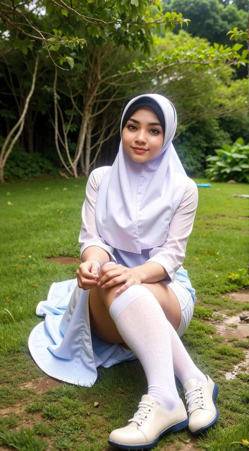 RAW, Best quality, high resolution, Masterpiece: 1.3), Beautiful half naked malay woman in baju kurung wearing shawl style hijab, 17 years old female, solo gitl, flawless face, cute face, pretty malay face, beautiful white teeth, Masterpiece, Perfect plump body, full body, sexy tight baju kurung school outfit, ((beautiful sexy big breasts, hard nipples)), saggy breasts, short hair, ((wearing white shawl style hijab, hijab hump, above shoulder hijab)), covered in cum, soaked in semen, beautiful big eyes, watery eyes, Soft smile, smiling, breezy, skin details, skin texture details, wide hips, thick thighs, sexy plump body, big buttocks, morning time, laughing, happy, bright sunshine, at football field, blurred background, bokeh, ((wearing tight school baju kurung uniform, see through naked body, wearing blue long skirt, tight panties)), ((big hips, camel toe, naked vagina, hairy vagina)), ((sitting, spreading legs)), ((sexy standing pose))