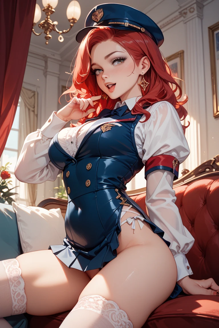 There's a 30-year-old woman who is realistic (Peta Jensen pov), medium red hair gradient (red Head), na altura dos ombros, olhos verdes esmeralda, olhar sedutor, lascivo, red-lips, boca entreaberta, pintas no rosto, rosto com pintas, rosto ruborizada, nurse enfermeira, roupa branca justa, Blusa desabotoada, open to the belly, barriga com piercing, blouse without the buttons, no-bra, does not wear a bra, not wearing a bra, belos seios enormes (Mamalhuda), molhados e macios, hands resting on the leg, hands on leg, close de cima, visto de cima, olhar de cima, olhar penetrante e sensual, fogosa e lasciva querendo prazer, quadril levemente largo, bunda grande, sem calcinha, vestido bem curto, is in a doctor's office room, sala com janelas grandes, persiana entreaberta, light light passing through the cracks of the blind, persiana quase fechada, realista, detalhada, ambiente bem detalhado e realista, 4k