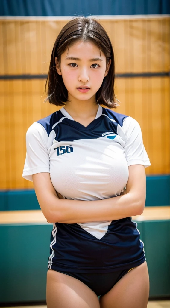 (Beautiful Japanese Women:1.3),Gym、(Volleyball Player),Looking into the camera、Round face、Attractive eyes、Big Breasts、Bobcut、(whole body)、Thighs、(Small areola:1.4)