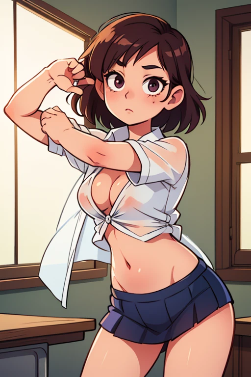 masterpiece, best quality, ultra-detailed, illustration, an extremely delicate and beautiful,high resolution, ultra-detailed,,perfect face,slender perfect body, Tight belly,Toned buttocks,Constricted waist,,(young lady school uniform1.7),(bike shorts under skirt:1.5),(in skyscraper:1.3),10yo,child,glasses,(boxing gloves,fighting pose:1.5),(white black hair:1.2),(very short hair),(anger),(shirt comes off:1.7),(very long hair), shy daughter, short stature,(large breasts),( sweaty skin:1.2),(front view:1.5)(white bike shorts),(show off bike shorts),(spread legs),(cameltoe:1.2)