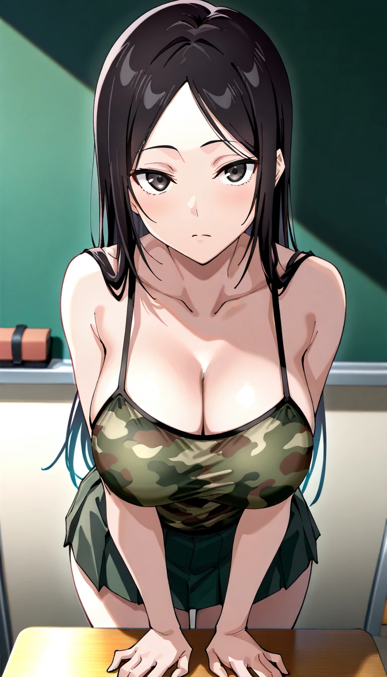 (hand peace), In 8K、Ultra HD、Best Quality、Top quality、Extremely detailed image quality、Realistic woman、Cowboy Shot、One Woman、(A big smile、Laughing with your mouth open:1.2)、Japanese、Beautiful Eyes、Contrasting Eyes、(42yo woman:1.8)、Married Woman、belly button、Black Hair、Long Hair、Shiny skin、Skin that is very shiny after applying oil、High gloss skin、(Incredibly large breasts、Cleavage:1.4)、(Camouflage Bikini:1.4)、classroom、I'm sweating、Glowing Skin、High gloss skin、Esbian all over、Lean forward and look down、Knee-high boots、Long gloves、