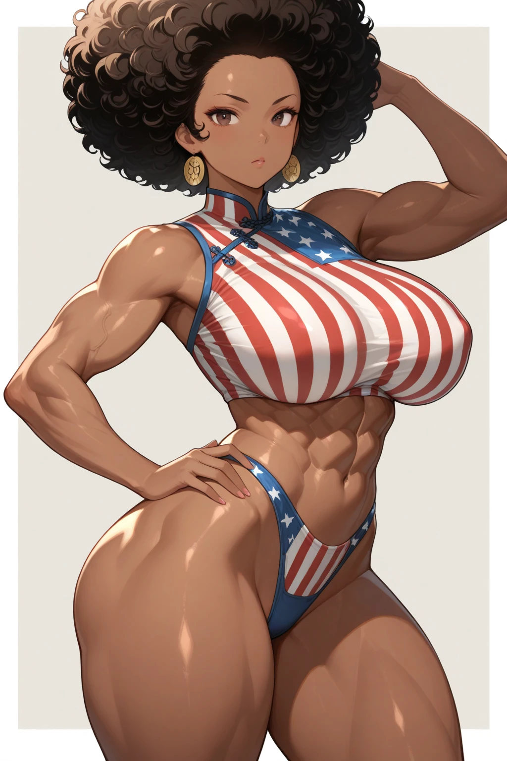 Score_9、Score_8_up、Score_7_up、source_アニメ、High definition、Detailed face、((Big Breasts))、Abdominal muscleirabelle Bell、Long Hair、Black Hair、Yellow Eyes、(Dark Skin)、Dark Skinの女性、ponytail、necklace、Toned body、Muscular woman、((AMERICAN FLAG BIKINI))、Micro Bikini、((pubic hair))、Fishnet thighs、High heels、Hoop Earrings、head、thin skin、Oily skin、blush、Sweat、Sweatをかく、(Beach)、Outdoor sunlight、((Are standing))Depth of written boundary、Voluptuous、blush、乳headのライン、
