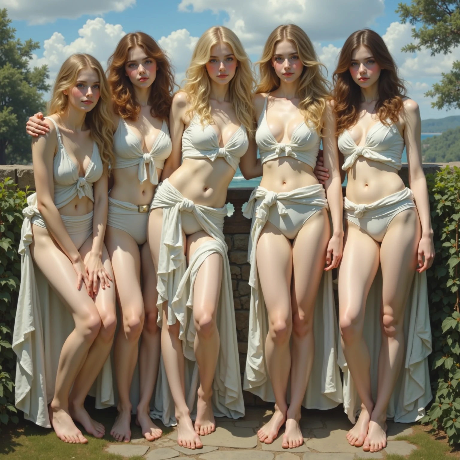 Sandro Botticelli painting,"The Birth of Venus" ,nude, sea landscape, Sandro Botticelli-style,Venus's attendants, super realism, precise and beautiful face, pretty smile, delicate facial expression, white skin of beautiful woman,Ancient Roman ruins,Sandro Botticelli-style landscape,A smile,,Sweet and seductive appearance,erotic,cute smile,kiss,play a sex,Detailed all over the body,Women have intercourse with other women,have sexual intercourse