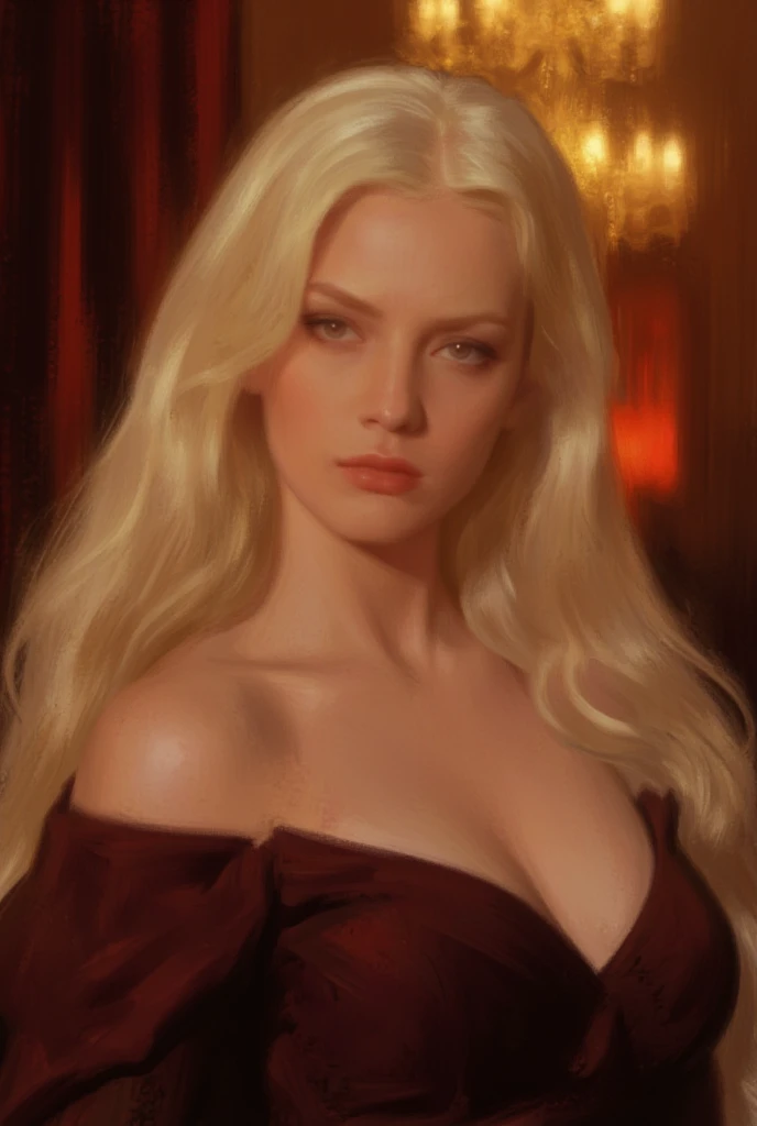 beautiful blonde haired woman, pale skin, draped in silver grey silk bathrobe, gold hues, off shoulder, sophie turner