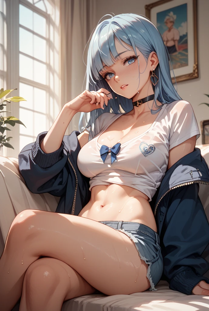 a cartoon woman in bikini laying on a bed surrounded by a cartoon man in underwear, 1girl, hetero, fingering, 1boy, underwear, bra, panties, lying, black hair, breasts, on back, blush, lamp, navel, pillow, open clothes, large breasts, sweat, shirt, pink bra, open mouth, open shirt, white shirt, Girl with long blue hair, Blue eyes, futuristic vibe, Mask on the mouth, headphones, 8K, High quality, Simple background, Glowing eyes, Nice Pose
