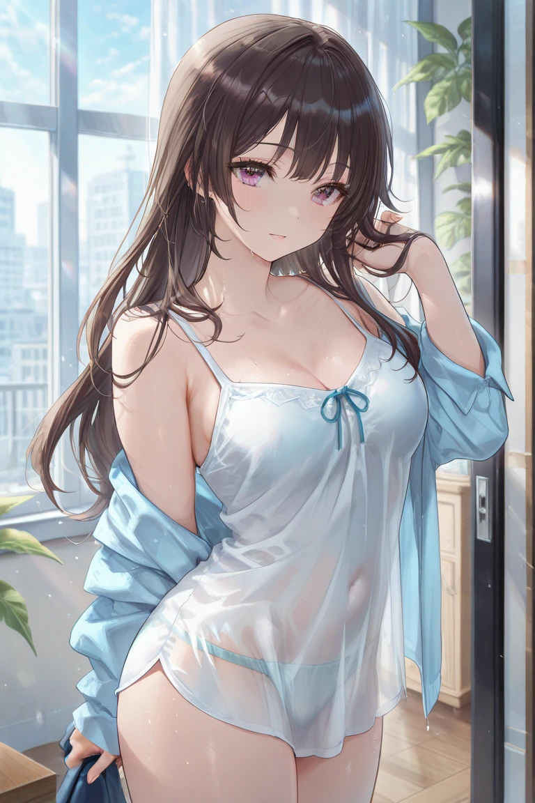 (masterpiece:1.2, Highest quality, Ultra-high resolution, Super detailed), (Realistic, photoRealistic:1.4), Beautiful illustrations, (Natural Side Lighting, Cinema Lighting), 
View your viewers, 1 Girl, Japanese, high school girl, Perfect Face, (Perfect Anatomy), Cute and symmetrical face, Shiny skin, thin, 
(Long Hair:1.5, Half Up:1.4, Light brown hair), Hair between the eyes, Swept-apart bangs, Brown eyes, Droopy eyes, Big eyes, Long eyelashes, (Medium chest), 
Beautiful Hair, Beautiful Face, Beautiful attention to detail, Beautiful clavicle, Beautiful body, Beautiful breasts, Beautiful thighs, Beautiful feet, 
((Light blue long sleeve dress)), lace thong,
(Beautiful views), Depth of written boundary, morning, (Shopping mall), Are standing, (smile),