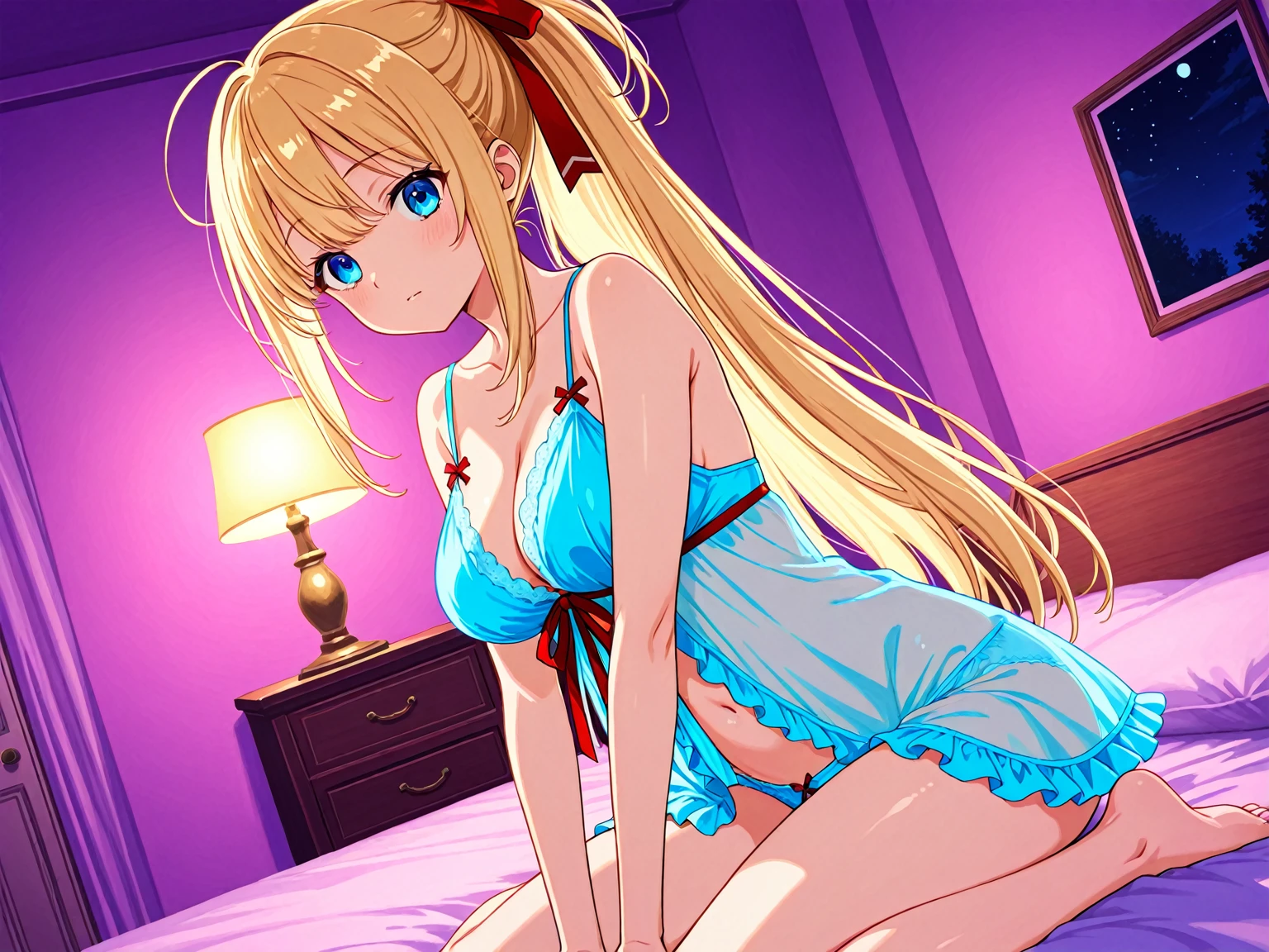(((Cute blonde woman, long hair with pink bow, Blue eyes))), sensual nightwear lingerie, white thighs, 8k, very detailed, heart earring, sitting in the bedroom, Full body, blushing smile, crossed legs, close view