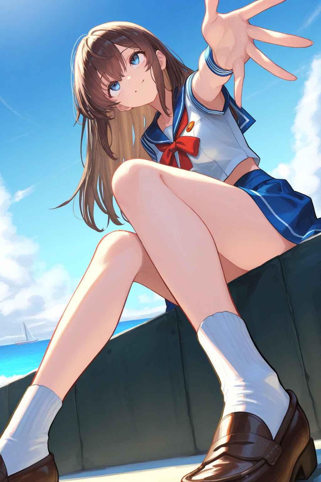 1teen_ girl, loli, brown_hair, medium_bob_hair, blue_midriff_baring_sailor_uniform, mini_skirt, short_sleeve, thighs, large_, angry, smile, open_mouth, standing, harbor_background, slightly_ spread_legs, happiness, NSFW, short_gloves