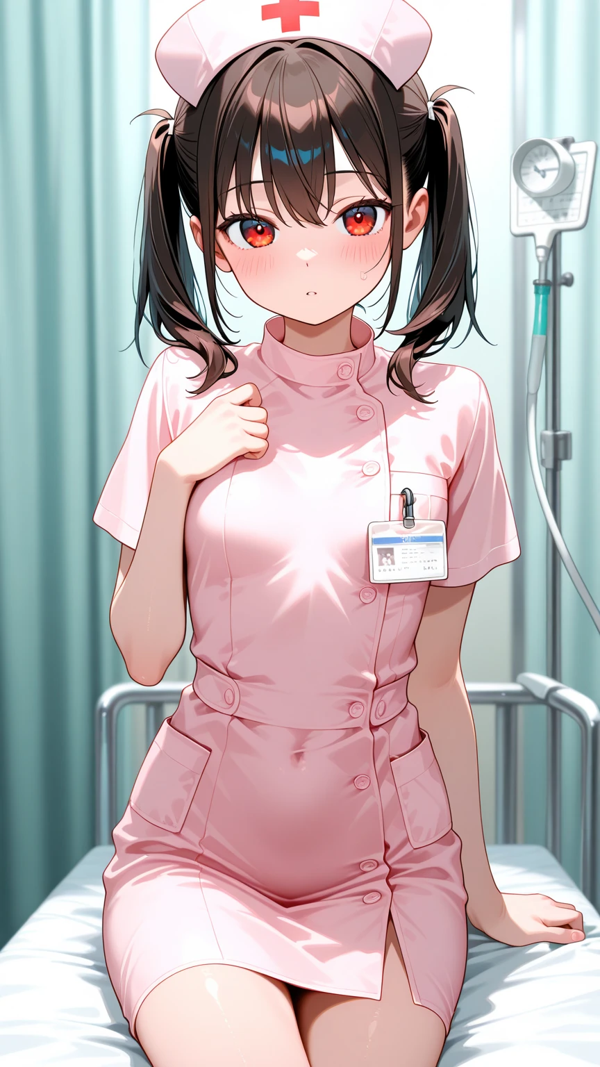 1girl, solo, nurse, nurse cap, white wear, ((white legwear, zettai ryouiki)), white gloves, pink hair,  drooping eyes, ((covered nose)), standing, ((hospital room)), sharp outline, short sleeves, best quality, masterpiece，Fleshy，Red eyes，Fleshy，Black hair，happy，lol，Lying in bed