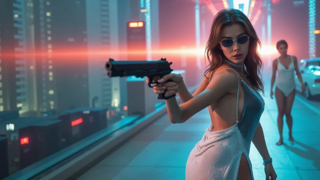(aerial view, a (flying cars):1.8 docking platform, a very dark abandoned futuristic city, neon lights), rainy night. (((1girl, solo, alone))), large-breast:1.2 slim body, cleavage:1.1, sexy wind blowing wet dress:1.4, (((headphone, black sunglasses, standing and holding pistol:1.8, dynamic seductive pose))), (((((half-body thigh level medium shot))))), cinematic lighting, lens flare, ray tracing.