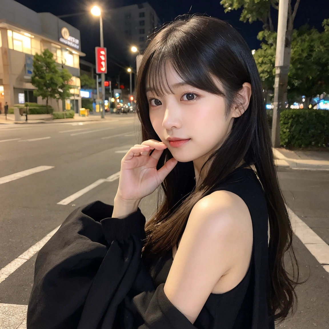 (((best quality))),1 female,slender face,(((arms behind))),(((cool beauty))),Black Hair,Brown Eyes,medium hair,straight hair,small breasts,looking at viewer,bed,25 years old,No pubic hair,Height: 160cm,(full body),blouse,Standing in a busy street at night,mini skirt,Provocative look,bangs