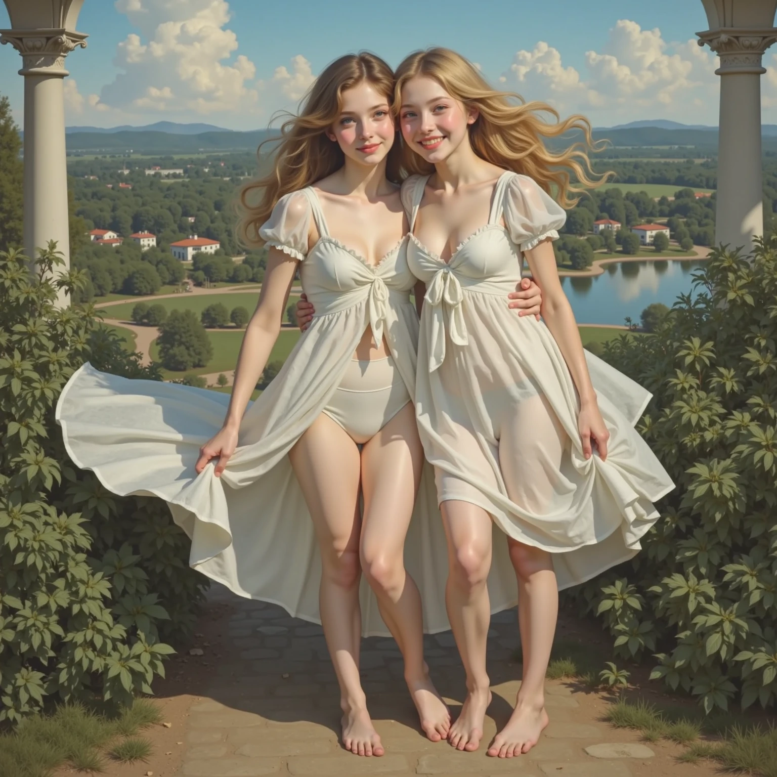 alone in the universe, Paint in watercolor style, Photorealism, discreet golden and ruby and mint shades, (nude) gentle modest thin girl 16 years old (with a very beautiful exquisite face) with tender nipples with blond hair walking barefoot in the distance (around the southern town) early morning (along the houses), (in profile)