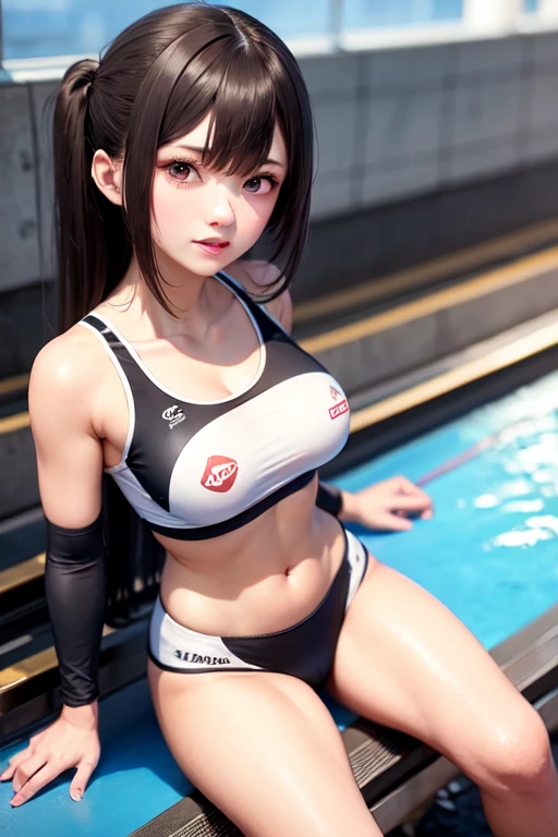 Squatting!、dynamicposes、legs spread out、eye glasses、darkskin、high-necked、Sponsor Logo、(Stick out your tongue to the viewer!),cyberpunked、Sleeveless、(Shiny colorful beach volleyball costume)、(magazine:1.3), (cover-style:1.3),(Dripping wet body:1.15)、Hands behind the head、(FULL BODYSHOT)、((masterpiece))、 super fine face and eyes,Colorful Korean Idol Hair,Look at viewers、