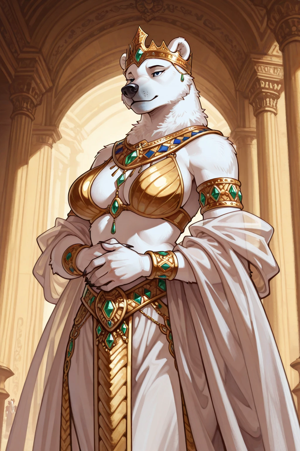 Solo, standing, female, grey fox, silver fur, green hair, green eyes, frowning, unamused, annoyed, looking down at viewer, by honovy, by foxovh, by Pixelsketcher, silver gown, silver jewelry, ((snout)), silver palace, green shoulder cape, (((swept bangs))),
