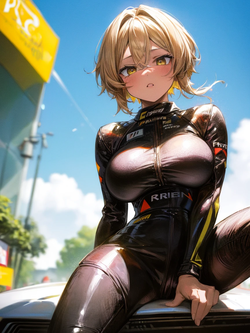 mastute piece,Best Quality,insanely detailed,8k cg,nsfw,
(shoot upper body:1.3),
(1girls:1.3),standing,looking at viewr,body in front,both arms behind back,(Rider Suit),(bare breasts:1.2),
break,
blush,shy,(ecstasy face),(trembling:1.2),break,(light yellow hair),
break,
perfect breasts,perfect teats,(open mouth:0.9),(large breasts:1.3),
(Circuit、Motorbike racing)、
