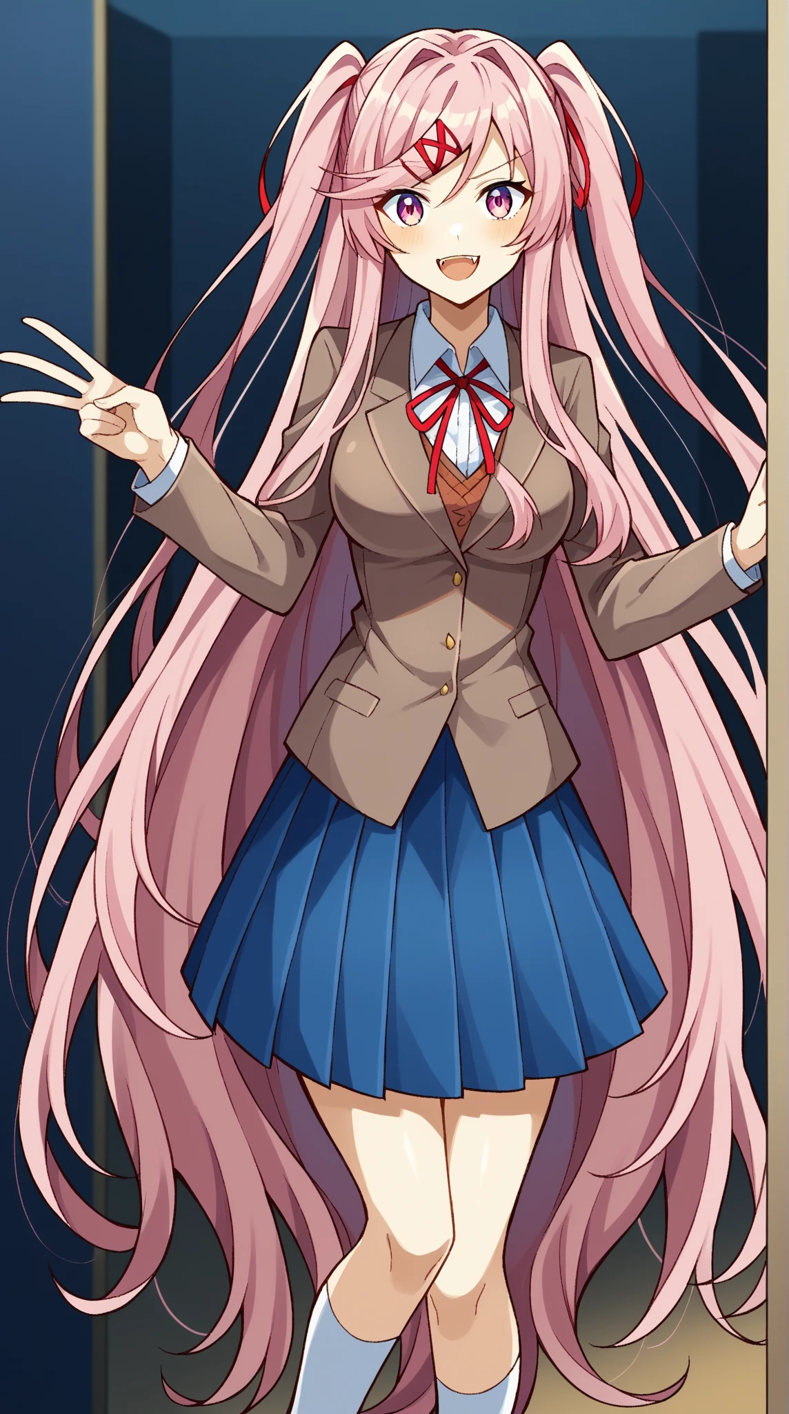 score_9, score_8_up, score_7_up, source_anime BREAK 1girl, solo, shirogane reika, female focus, very long hair, blonde hair, wavy hair, forehead, hair vents, yellow eyes, looking at viewer, smile, blush, sidelocks, school uniform, necktie, jacket, thighhighs, skirt, pleated skirt, hands behind back, large breasts, <lora:Shirogane_Reika_Saimin_Ryoujoku_Gakuen_for_Pony:1>, rating_questionable