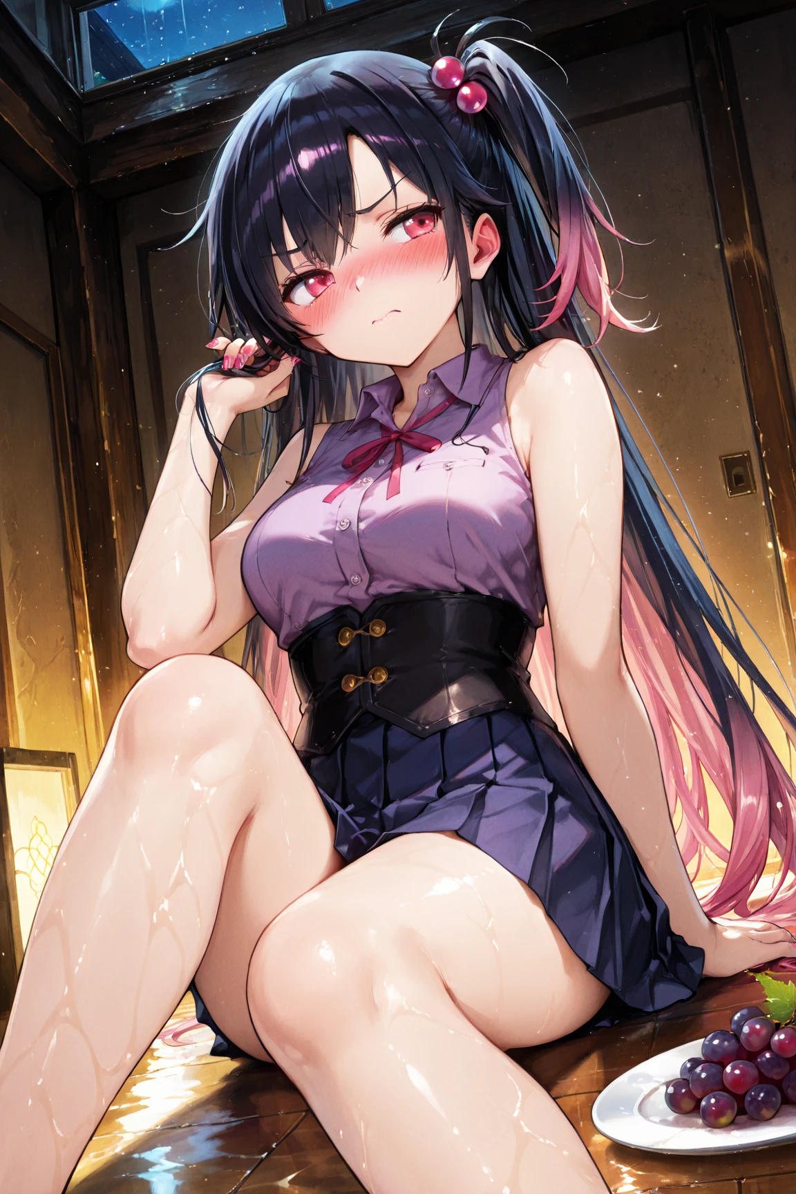 ((super master piece,super fine illustration,best aesthetic,best quality,ultra high res,insanely detailed,Bishojo game CG)),(((((misaki kurehito,piromizu))))),BREAK,(((perfect anatomy,perfect proportion,artstation female body))),BREAK,((detailed beautiful jewely slant eyes)),ligne claire,gleaming skin,BREAK,nsfw,horny presenting,fall into pleasure,wistful look,orgasm,BREAK,(cute erotic toddler gal,loli),prostitute,BREAK,small baby face,childish and super cute,((((blush)))),BREAK,peerless super Bishojo,peerless super beautiful girl,super Kawaii,BREAK,low body size,short stature,slender,BREAK,(((((jirai kei))))),BREAK,(black and purple ((streaked hair))),(((((double bun long twintails hair))))),BREAK,((shiny glossy metaric beautiful hair,gradient hair)),BREAK,((flat chest)),((puffy nipples,erectile nipples,long nipples,huge areolas,bare breasts)),BREAK,(((((jirai fashion,chinese clothes))))),(satin:1.4),(yamikawa gothic jirai fashion with black and purple),(Plaid pleated ((ultra micro miniskirt)),pelvic curtain),BREAK,(lace thigh high knee socks:1.3),zettai ryouiki,garter belt,No panties,BREAK,(legs up,spread my legs:1.2),love hotel,(lying on bed,arms bhind back:1.4),evening,(sweet pussy,show off pussy:1.3),(dripping love juice:1.3)