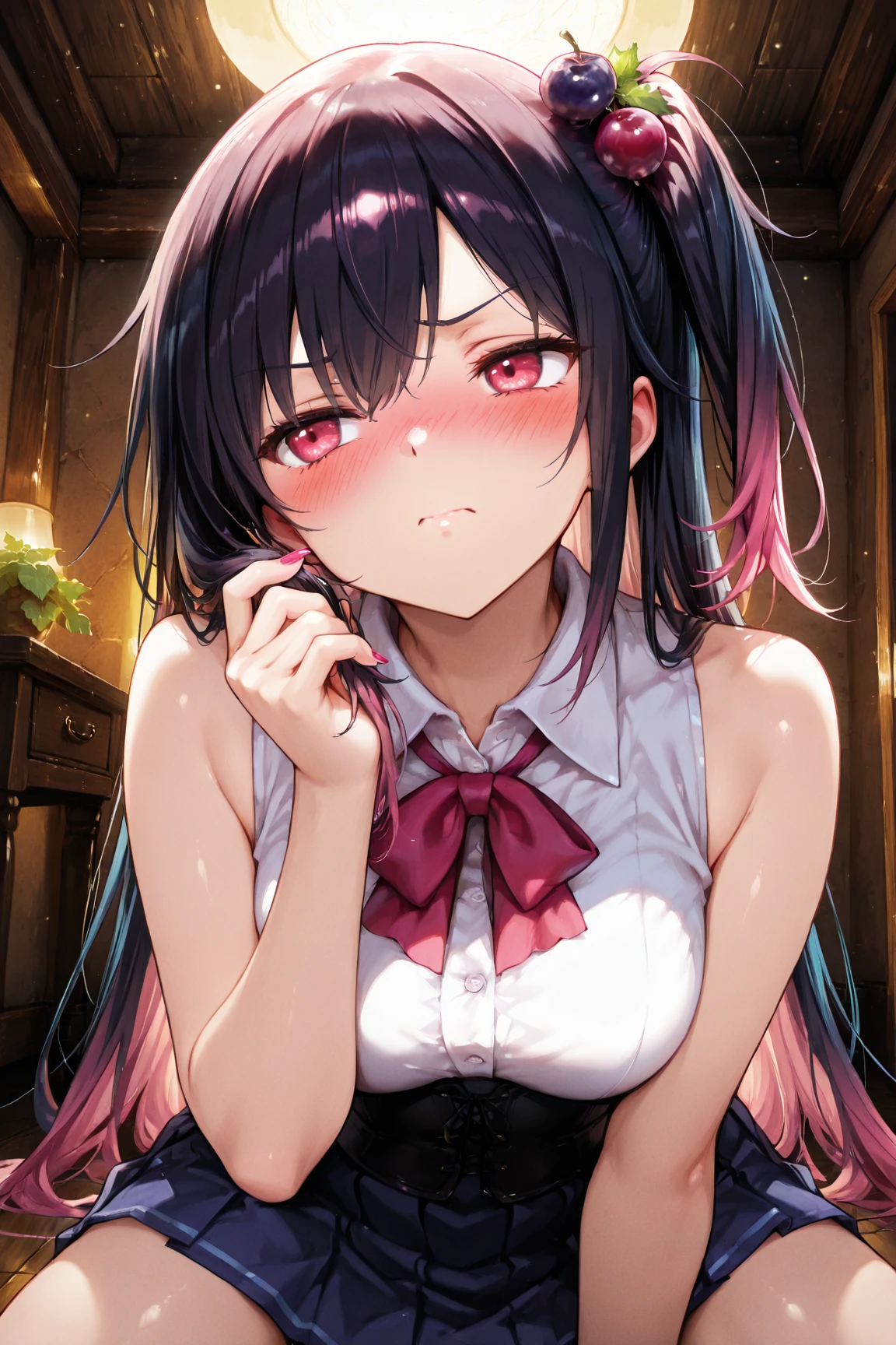 Yuki Konno, Yuki Konno, red hair band, Long hair，, pointy ear, Purple hair, (Red Eyes:1.5), (Small breasts:1.2), Ahoge upper body sweat gushing, Heart-shaped pupil, cum on, nedium breasts, 
Half closed eyes, blush, Erotic face，Show Viewer, From below, Focus, Beyond the particles of light, Love hotel bedroom, ，Purple bra，Y shirt，I grab the hem with my hands and hide my underwear.，Purple tights，四つん這い
BREAK outdoors, 
BREAK (masutepiece:1.2), Best Quality, High resolution, Unity 8k壁纸, (Illustration:0.8), (Beautiful detailed eyes:1.6), extra detailed face, Perfect Lighting, extremely details CG, (Perfect hands, Perfect Anatomy),