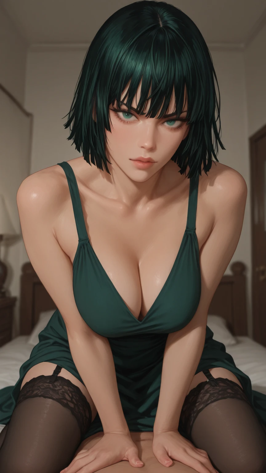 (masterpiece: 1.5) (photorealistic: 1.1) (bokeh) (best quality) (detailed skin texture hair pores: 1.1) (intricate) (8k) (HDR) (wallpaper) (cinematic lighting) (sharp focus), cowboy shot, solo, 1girl, fubuki, deadpan, arms crossed, green hair, micro bikini, jewelry, necklace