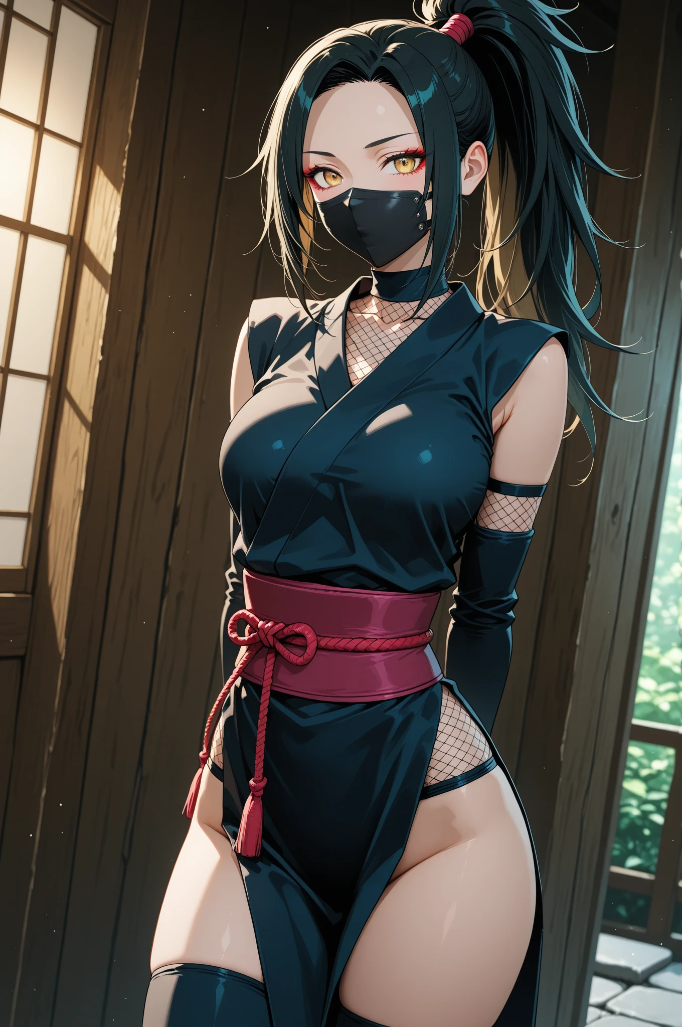 Busty girl dressed as a ninja shows her nipples and pussy