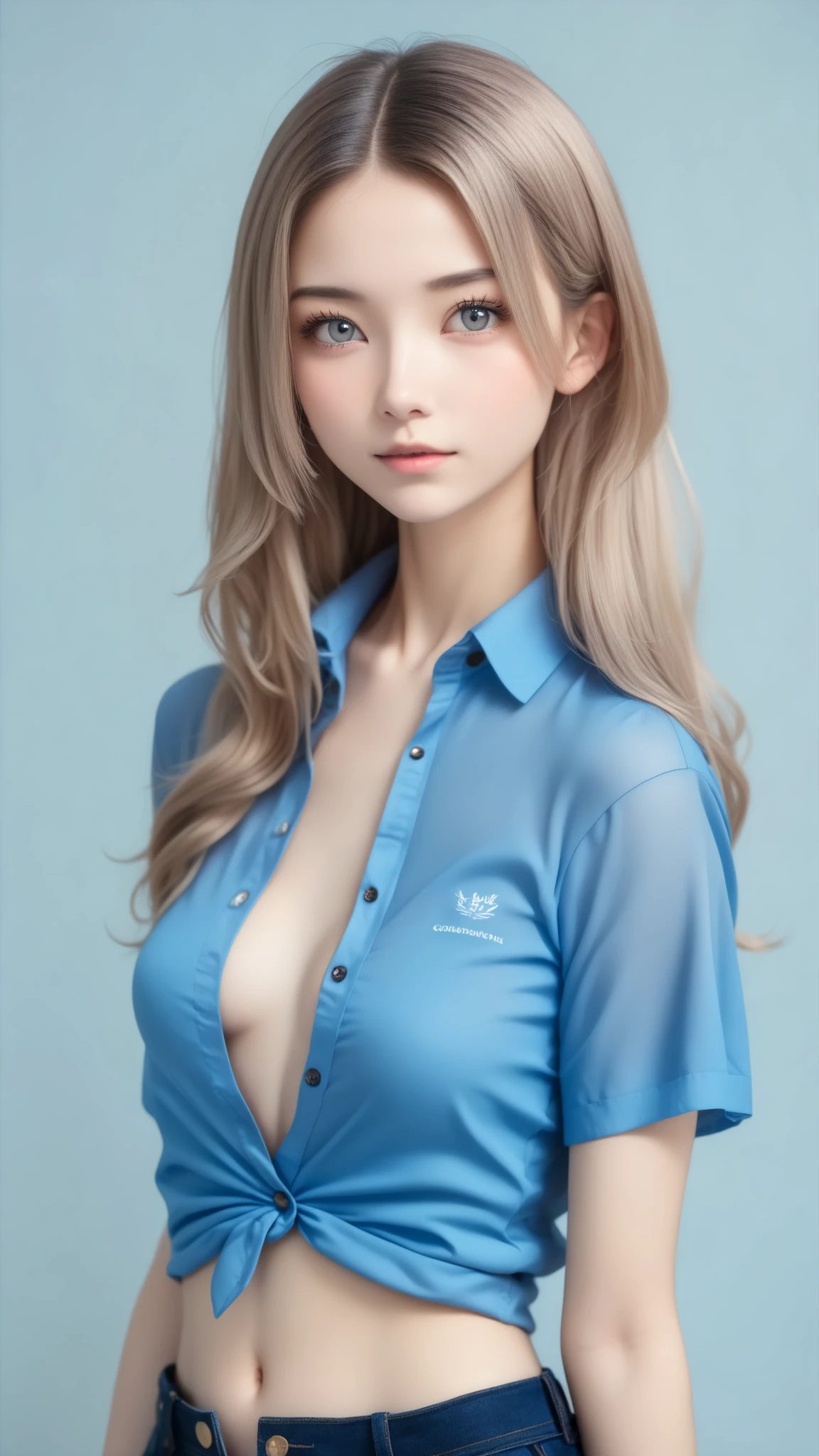 perfect anatomy、very realistic skin texture、Small face woman、Single Girl、gradation hair、Hair that changes from red to white、grey eyes、Beautiful Eyes、(((Nice blue shirt、business shirt:1.37、   unbuttoned Y-shirt   )))、small breasts、hotpants、teenager、Morning quiet time、white and pale blue background 