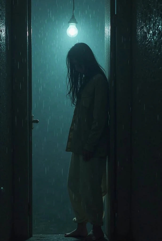 hyper realistic image. super detailed. worm eye angle. 8k. a young girl. long black hair. wearing shabby dirty malaysian . standing still in the middle of a boarding school bathroom. looking down at the wet floor, barely see her face. her school back beside. late night. very low light. creepy environment. horror color mood. detailed matte painting, deep color, fantastical, intricate detail, big ash particall.