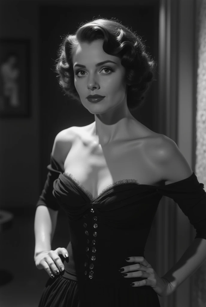 In this sultry portrait, Betty dazzles in a 1940s Sailor Dress, emphasizing her thin hourglass figure and accentuated by a magnification of 1.5. Her face, with highly detailed features magnified by 1.8, exudes captivating allure. Styled in a 1940s Pompadour Hairstyle, her long, voluminous hair frames her seductive expression perfectly. With a slim body and ample breasts, she leans back on the bar, exuding confidence and sensuality. The backdrop of downtown New York City in the 1940s adds to the allure, with soft studio lighting casting volumetric shadows that highlight her curves. This enchanting scene, captured on JCH Street Pan film with ISO 100, promises an immersive journey into a bygone era of glamour and desire.