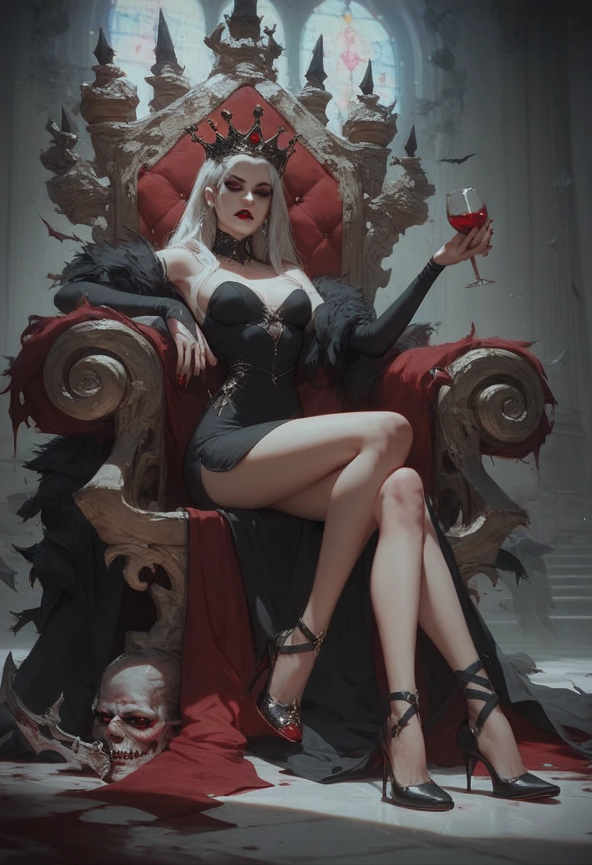 (score_9, score_8_highly:1.1), score_7_highly, 1 girl, Vampirkönigin, , white hair, Long hair, sits on a golden throne, Black Royal Dress, black royal miniskirt, Shanks, crossed legs, from bottom, air of shighlyeriority, Throne, black tiara, Nail polish, red fingernails, pale skin, bloody, Red wine glass, bats,