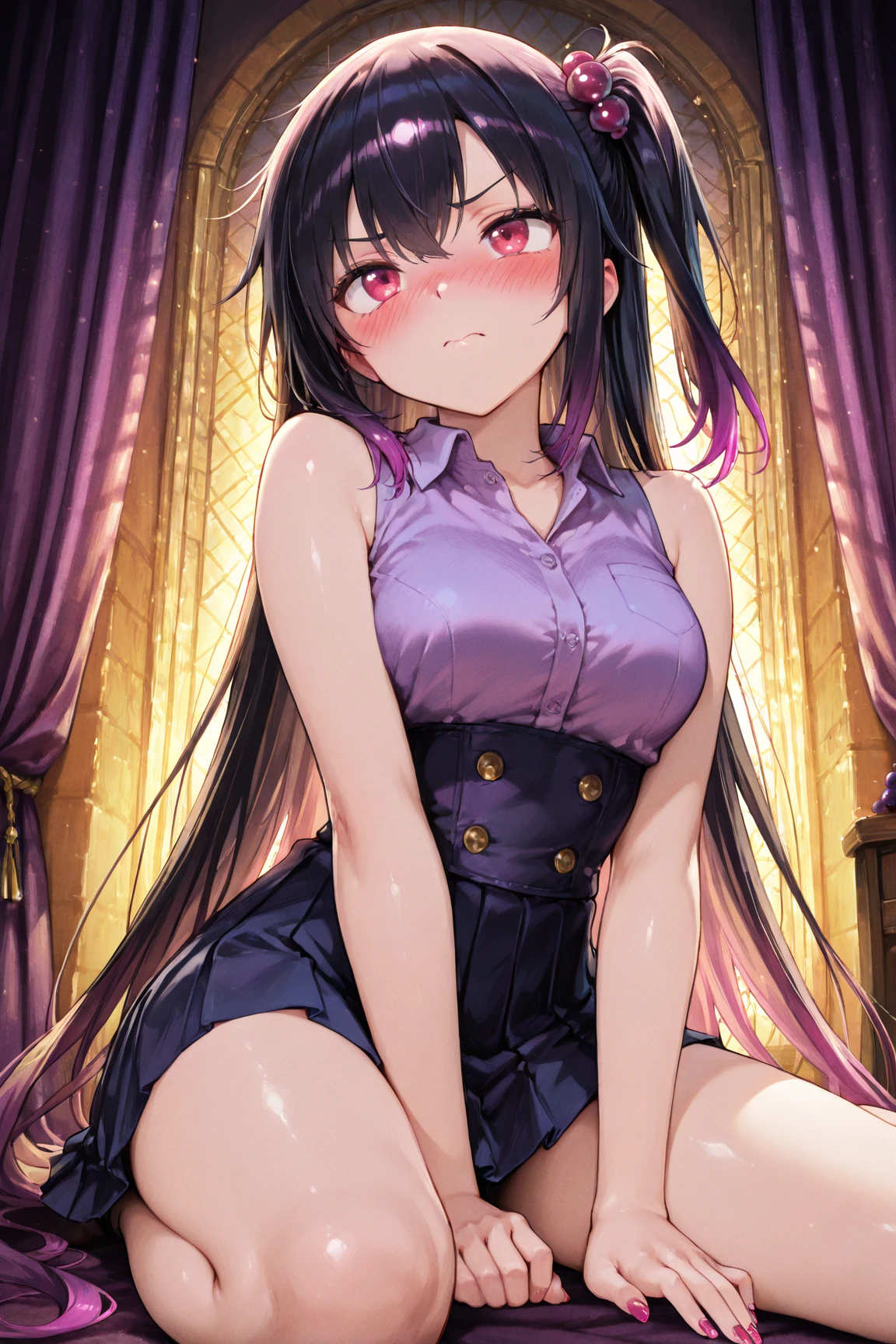((super master piece,super fine illustration,best aesthetic,best quality,ultra high res,insanely detailed,Bishojo game CG)),(((((misaki kurehito,piromizu))))),BREAK,(((perfect anatomy,perfect proportion,artstation female body))),BREAK,(((detailed beautiful jewely slant eyes))),ligne claire,gleaming skin,BREAK,nsfw,horny presenting,fall into pleasure,wistful look,orgasm,BREAK,(cute erotic toddler gal,loli),prostitute,BREAK,small baby face,childish and super cute,((((blush)))),BREAK,peerless super Bishojo,peerless super beautiful girl,super Kawaii,BREAK,low body size,short stature,slender,BREAK,(((((jirai kei))))),BREAK,(black and purple ((streaked hair))),(((((double bun long twintails hair))))),BREAK,((shiny glossy metaric beautiful hair,gradient hair)),BREAK,((flat chest)),((puffy nipples,erectile nipples,long nipples,huge areolas,bare breasts)),BREAK,(((((jirai fashion,chinese clothes))))),(satin:1.4),(yamikawa gothic jirai fashion with black and purple),(Plaid pleated ((ultra micro miniskirt)),pelvic curtain),BREAK,(lace thigh high knee socks:1.3),zettai ryouiki,garter belt,No panties,BREAK,(legs up,spread my legs:1.2),love hotel,(lying on bed,arms bhind back:1.4),evening,(sweet pussy,show off pussy:1.3),(dripping love juice:1.3)