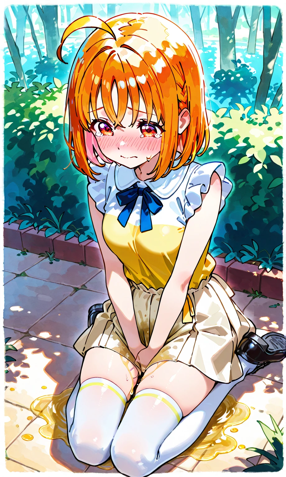((anime:)),((best quality)), ((highly detailed)),(((sketch))) extremely detailed face, beautiful face,((1girl)),((solo)),shiny skin,(full body),(tall body, tall, long legs, mature female, mature, adult),((cure pine:1.35)),((precure)),((one side up:1.25)),((short hair,)),((hair ribbon)),((short sleeves)), ((frills:1.25)),((orange sleeves:1.15)), ((orange choker)), ((yellow skirt,,)),, ((dress)),(( corset)),(( wrist cuffs))((clothes lift:1.35))((clothes lift:)),((large breasts:1.15)),((curvy:1.15))
, ((pussy:1.35)),((nose blush:1.35)),,,(bad mood,smile:1.1)open mouth,(looking at viewer),BREAK ,((park ,bench:1.35)),((sit on bench:1.35)),((sitting:1.35))outdoors,,BREAK ((spread legs:1.35)), ,BREAK ((orange boots:1.15)),(arm behind back:),(anus)