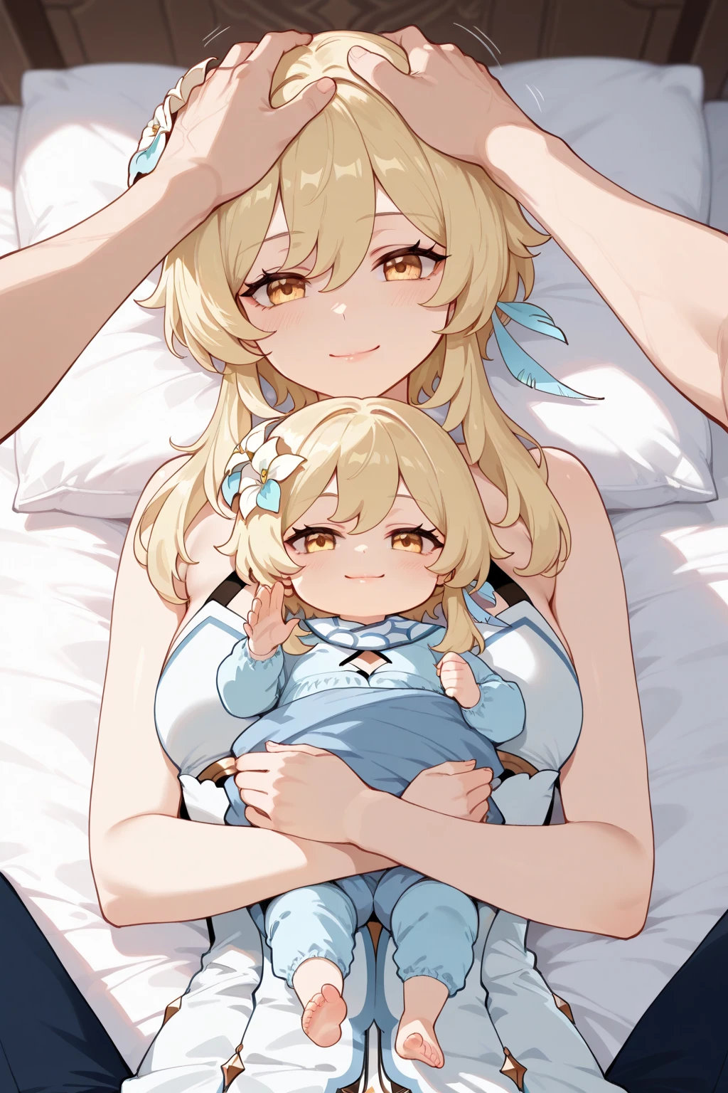 (2girls:1.5), (simple background) (on a bed together cuddling: 1.2), (girl laid down on a bed: 1.2), (a minigirl on the breasts of a giantess:1), (gigantic breasts: 1.1), big boob, cleavage, bra, happy, scared, blushing, (looking at another: 1.2), mature face, nipples