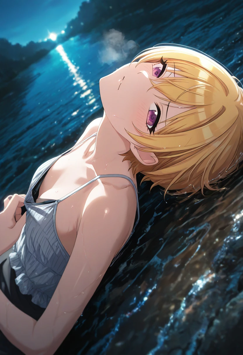 One girl, violet evergarden, perfect body,blonde Hair, Long Hair,single braid, green eyes, white holter neck bikini,hair ribbon,cowboy shot,all fours in the sea,soaked body,break,A night scene illuminated by soft, silvery moonlight,reflected in the sea, with gentle shadows and a serene, mystical ambiance.professional lighting,perfec body
