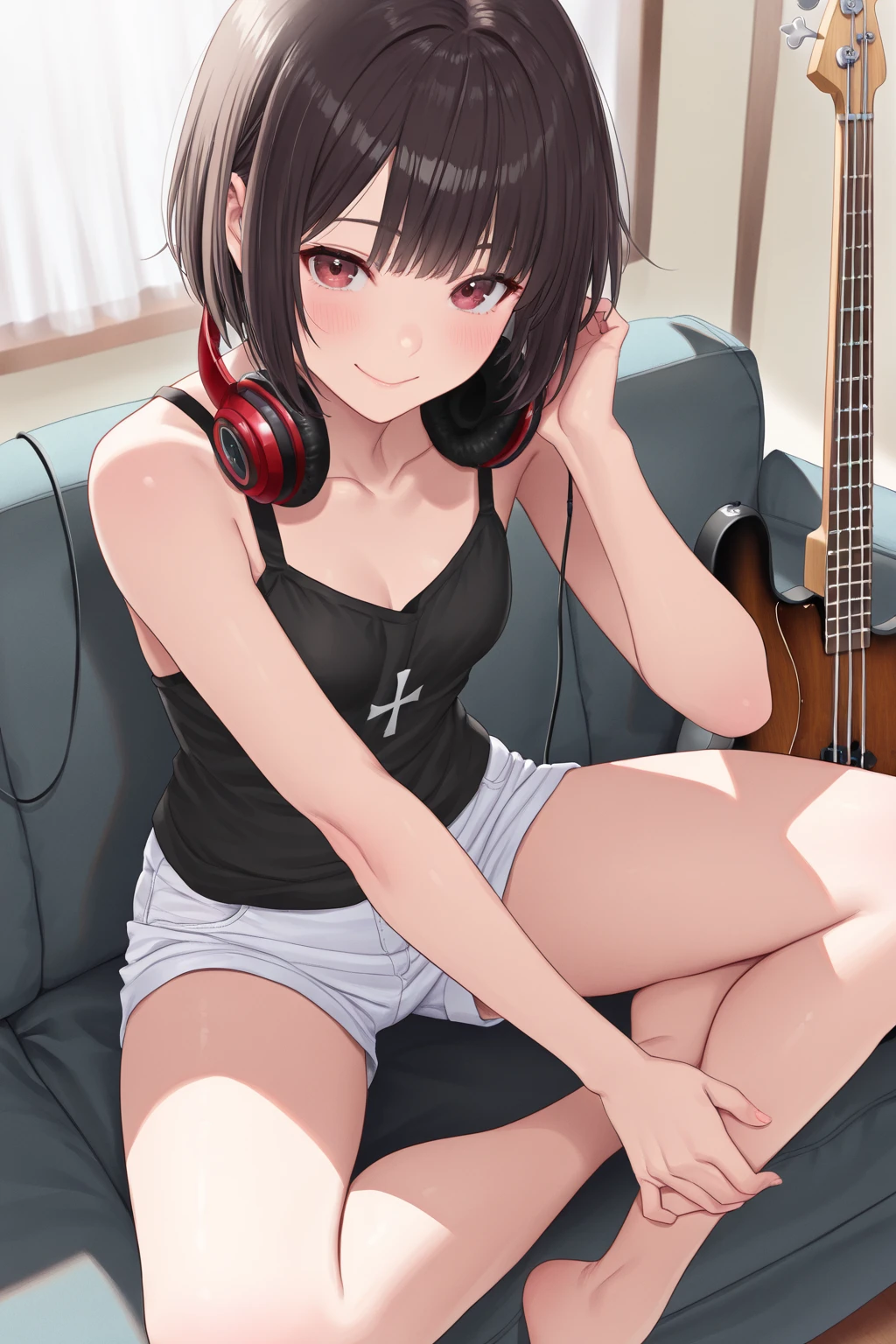 NSFW、masterpiece、Highest image quality、ultra high resolution、NSFW、big breasted elementary school girl、red and large eyes,、black short hair、The hair inside is colored、(Two red hairpins)、red face、shyly、(Wearing headphones)、Breast-showing camisole for elementary school girls、Thong panties for elementary school girls、(It's night outside)、(It&#39;s raining)
