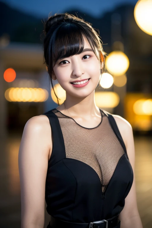 (8K、Raw photo、Highest quality、masterpiece:1.2)、(Realistic、Photorealistic:1.37)、Ultra-detailed、Ultra-high resolution、1 girl、Seeing the viewer、Beautifully detailed face、A smile with slightly visible teeth、narrow、(Slim waist) :1.3)、((Recruitment Suit))、Beautifully detailed skin、Skin Texture、Floating Hair、((Fluffy Hairstyles))、Shapely large breasts、Professional Lighting、Autumn evening、In front of the station、((Black square glasses ))、Human whole body、Black Hair、((Embarrassing appearance))、Pay attention to your audience、tight dress