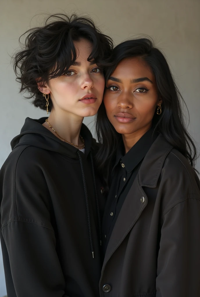score_9, score_8_up, score_7_up, Beautiful Lighting, curly hair, short hair, black choker, hoodie, dark skin, 2heads, twoheads, upper body, about to cum,