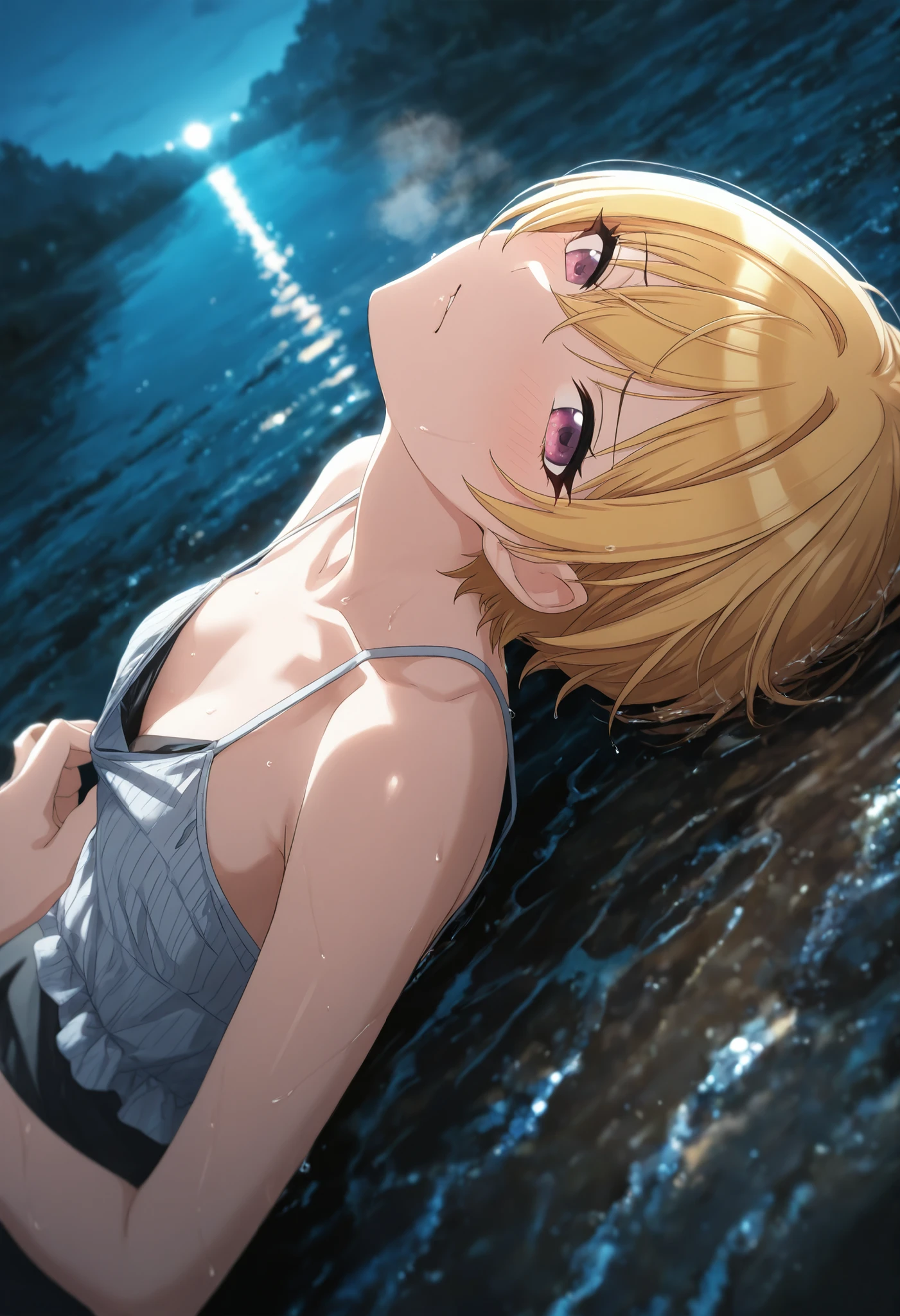  masterpiece,best quality, good quality, ,,outdoors, dark lake,((cinematic light)), shanimas,  source_anime, saijo juri ,solo ,blond hair, short hair, shiny eyes, half-closed eyes ,1girl, ,looking at viewer, ,(casual wear pull,), , small , (slim arms), ,from , on side, (on dark water), aged up, ,dutch angle,(),(), heavy breath ,embarrassed, head tilt, head back, ,                                                                                                                                                       