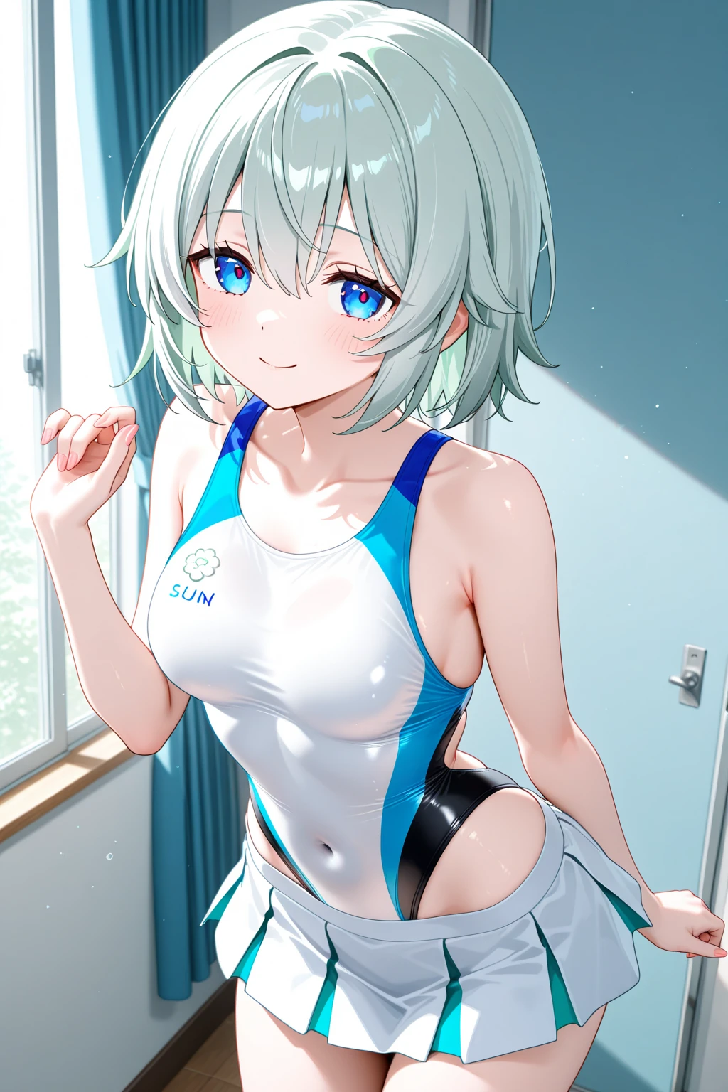Boy in swimsuit, garments:High-cut swimwear, onepiece swimsuit, Anime Boy, rating:safe, Boy has a white towel, Short silver-haired boy, solo, blurry, depth_of_field, Blue-eyed boy, Cool boy in white and blue tanksuit, Tiled walls, cowboy_shot, Closing one eye, checkered, Boy in swimsuit standing, fence, looking_at_viewer, chain-link_fence, open_mouth, tiled floor, swimming pools, smile, checkered_background, indoors, Boy with short gray hair, multicolored_clothes, collarbone, highleg, covered_navel, hair_between_eyes, multicolored, Bare shoulders, bare legs