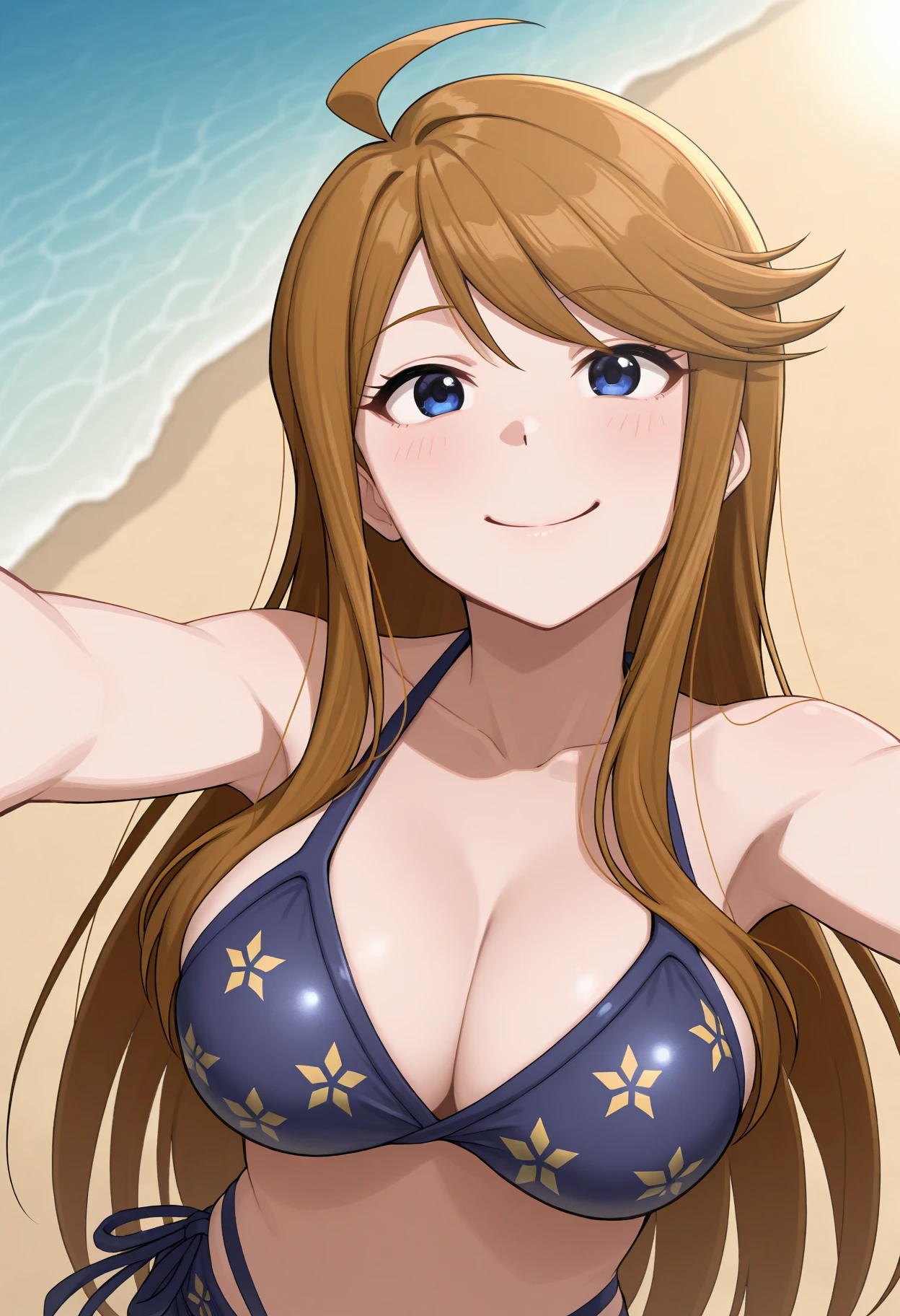 masterpiece, best quality, sawako, looking at viewer, very large breasts, upper body, portrait, seductive smile, put your hands behind your head, armpits, armpits visible, sweaty armpits, wearing bikini, on beach, wearing glasses