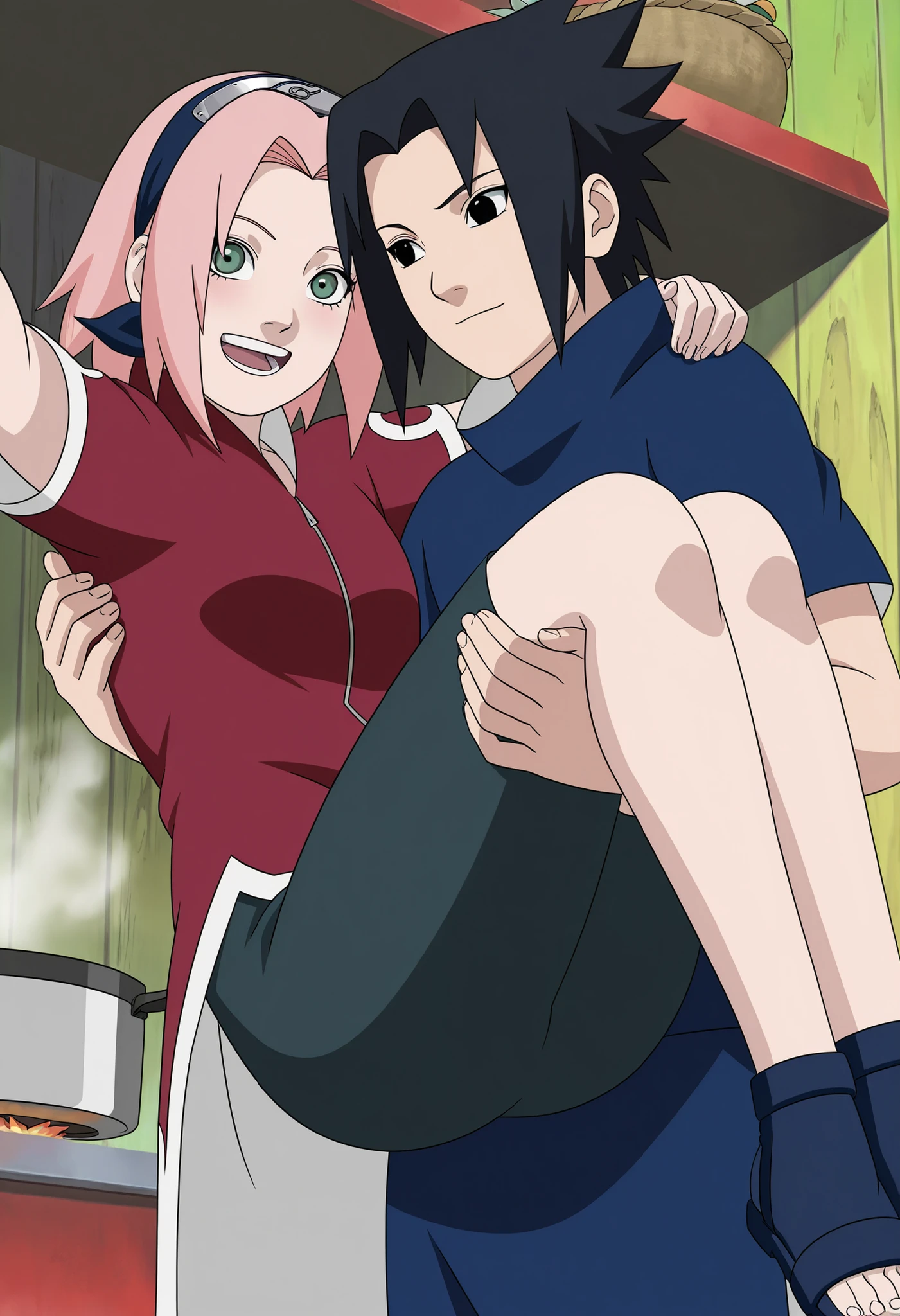 masterpiece, best quality, very detailed, , masterpiece, best quality, eyelashes, (Beautiful Eyes), cowboy shot,, Official anime Illustration, Official artwork, screencap,,Scarsdale, ,Sakura haruno, 1girl,solo, short hair, pink hair, green eyes,"Red sleeveless Chinese qipao with white trim and symbol, black shorts, black open-toe ninja sandals." Standing, cooking, happy , wide hips , princess carry,1boy ,sasuke uchiha , black hair, blue shirt, white short, female carrying male, role reversal