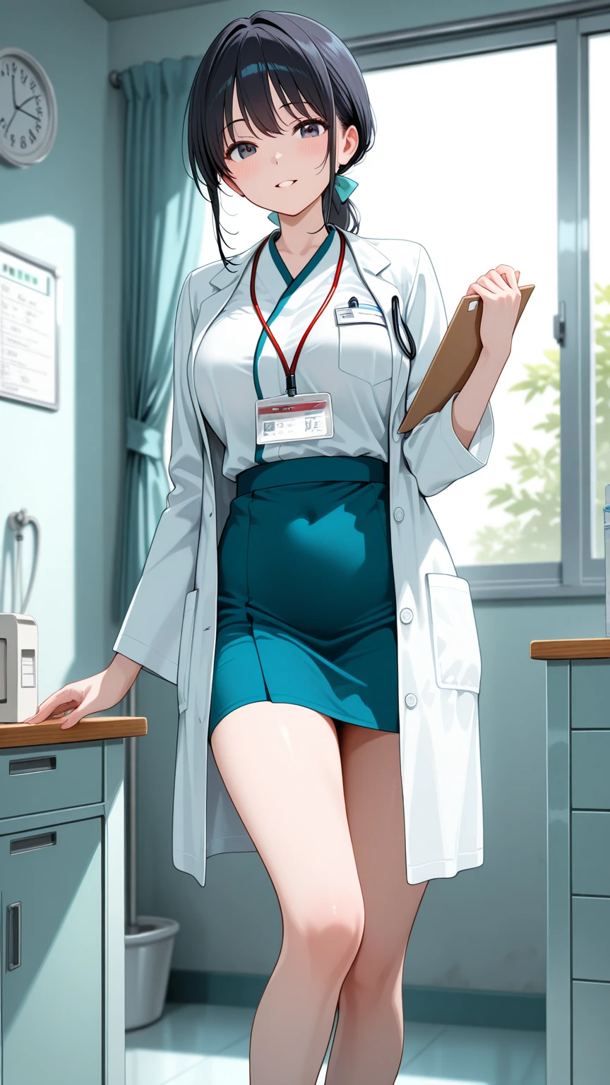 Photorealistic beautiful doctor、stunningly beautiful、 White Coat of Doctor,, (top-quality、8K、32K、masterpiece、nffsw:1.3)、超A high resolution,(Photorealsitic:1.4),Raw photography, Detailed face,,Beautiful hair, ((Doctor Style)), The green shirt, tight skirts、 Natural makeup, Breast cleavage, large full breasts、inside hospital, Detailed background, Perfect Lighting, depth of fields, Beautiful shadow gradient,stethoscope , ((whole body capture)), fullbody, legs wide open, open legs, eyes on camera, details eyes, beautiful eyes