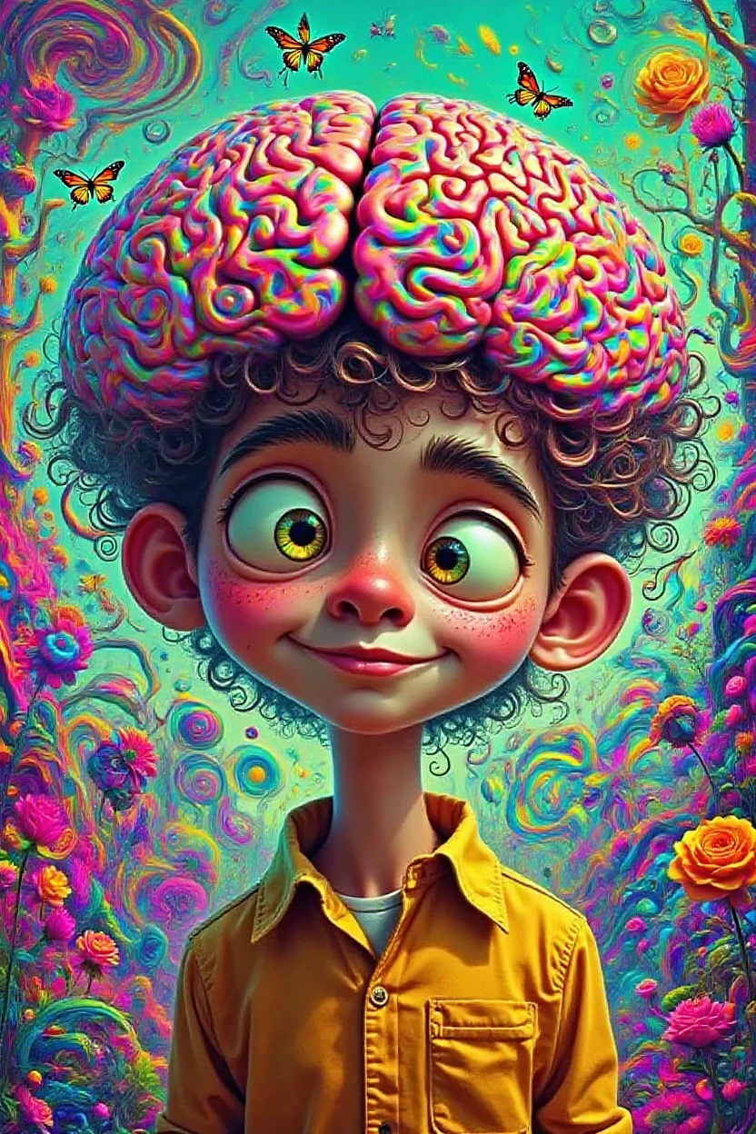 Bangladeshi with satirical big brain(covered) and high smoking a joint, no glasses and the brain is big but covered with hair
