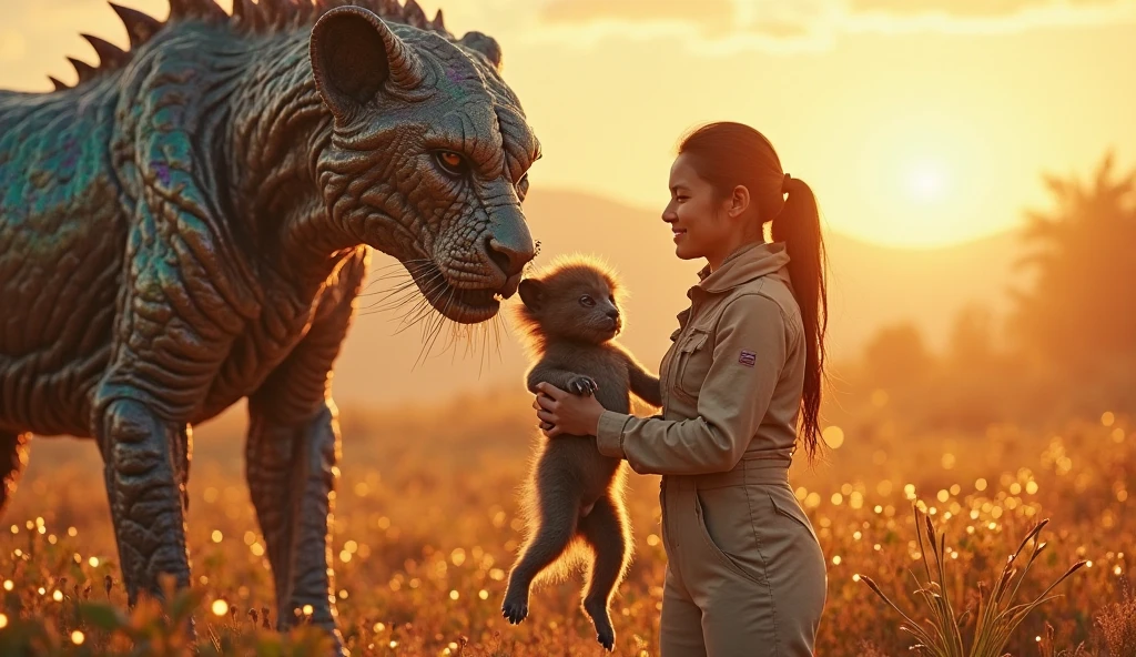5-year-old baby girl holding a large panther ，in jungle，depth of fields，high light，Real light，Ray traching，OC renderer，UE5 renderer，Hyper-realistic，best qualtiy，8K，Works of masters，super-fine，Detailed pubic hair，Correct anatomy