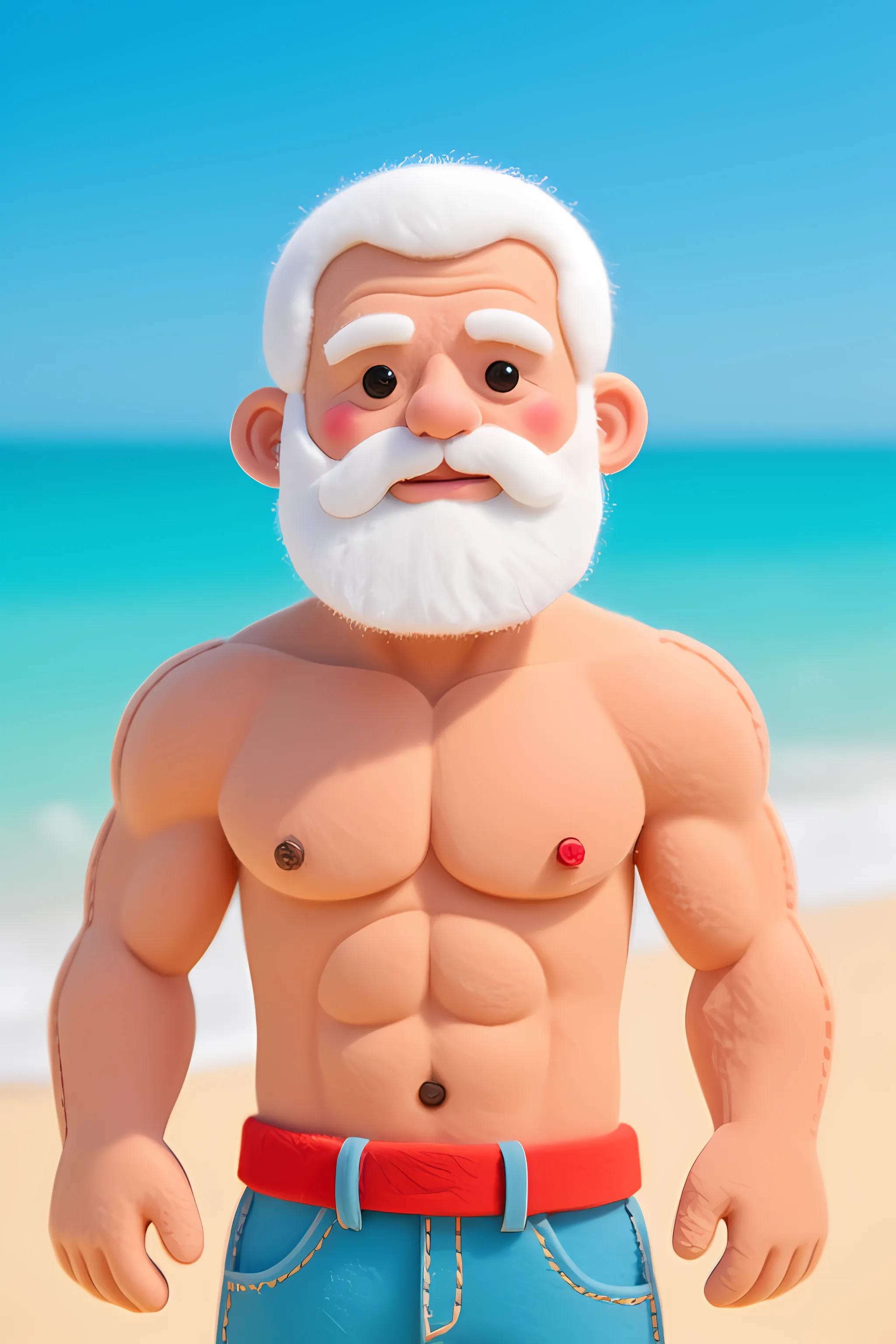 (masterpiece, best quality, detailed:1.2) old muscleman, daddy, mustache(blue), white beard, smiling , happy face, smirk, wearing a spandex speedo(pink) thong, very muscular body, chest hair , nicebulge, seascape, fluffy clouds, mustache, realistic, full body shot, shiny spandex thong(!), playing in waves, beach ball, beach ball spinning, tan skin, walking out of the ocean, water dripping off his body, water glistening on his skin, wet skin, walking towards me, big waves in background, next to a sandcastle, sand castle, shiny skin, lots of tattoos on arms, tattoo sleve, surfer necklace, tropical flora, long white hair flowing in the wind, glasses, holding up a pink ice cream in his hand, eating ice cream