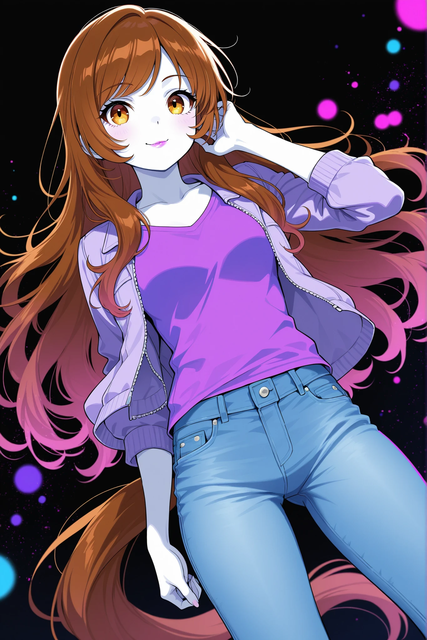 A girl with long straight brown hair, hazel eyes, sharp features, white skin, light cherry lip gloss, beautiful, perfect horse tail hairstyles, wearing a purple t-shirt, jeans jacket, front look, accurate technician, bright and clear colors, high quality resolution .