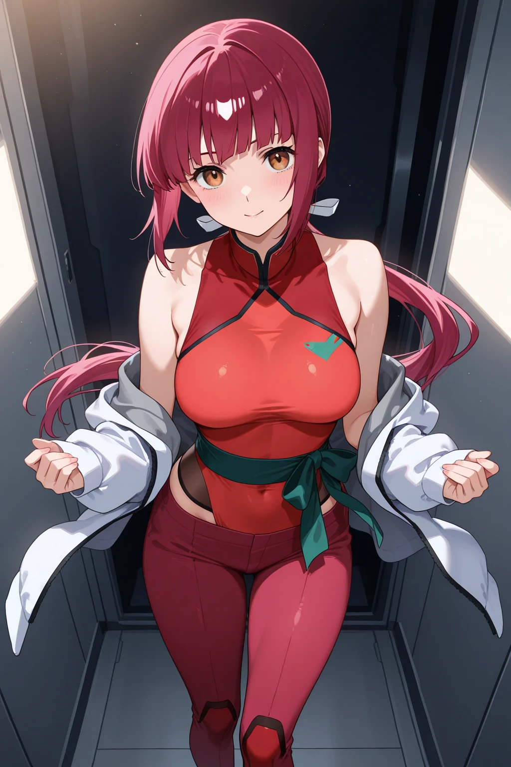 (( Highest quality, High resolution, Hmph, Pixel perfect, 4K, Hmph, Hmph))), 1 girl, single, alone, Beautiful woman、I could see the whole body、 ((Mid-wave hair, bangs, Redhead、Yellow headband、)), ((Brown eyes, Beautiful eyelashes, Realistic eyes)), ((Detailed face, blush:1.2)), ((Smooth texture:0.75, Realistic texture:0.65, Realistic:1.1, Anime CG style)),Embarrassed face、 Big Breasts,(Pink Ranger), (alone) (Magenta zippered jumpsuit), (Minkit), Pink Darth, Under the belt, White gloves with pink diamond design, (White boots with pink diamond design), (18-year-old), Smiling at the audience,(Sunny Tokyo background:1.2), Colorful, thin waist and thick hips, Wear tight-fitting clothing, Fits your beautiful body, White skin, , Big Breastsが垂れる, Crazy Expansion, Larger than the shoulder blade, Hourglass illustration, The pelvis is Larger than the shoulder blades, thick, Fitness Model, Red cheeks, take a breath, Sweaty, Soaking wet, Crying face、Fully open zipper
