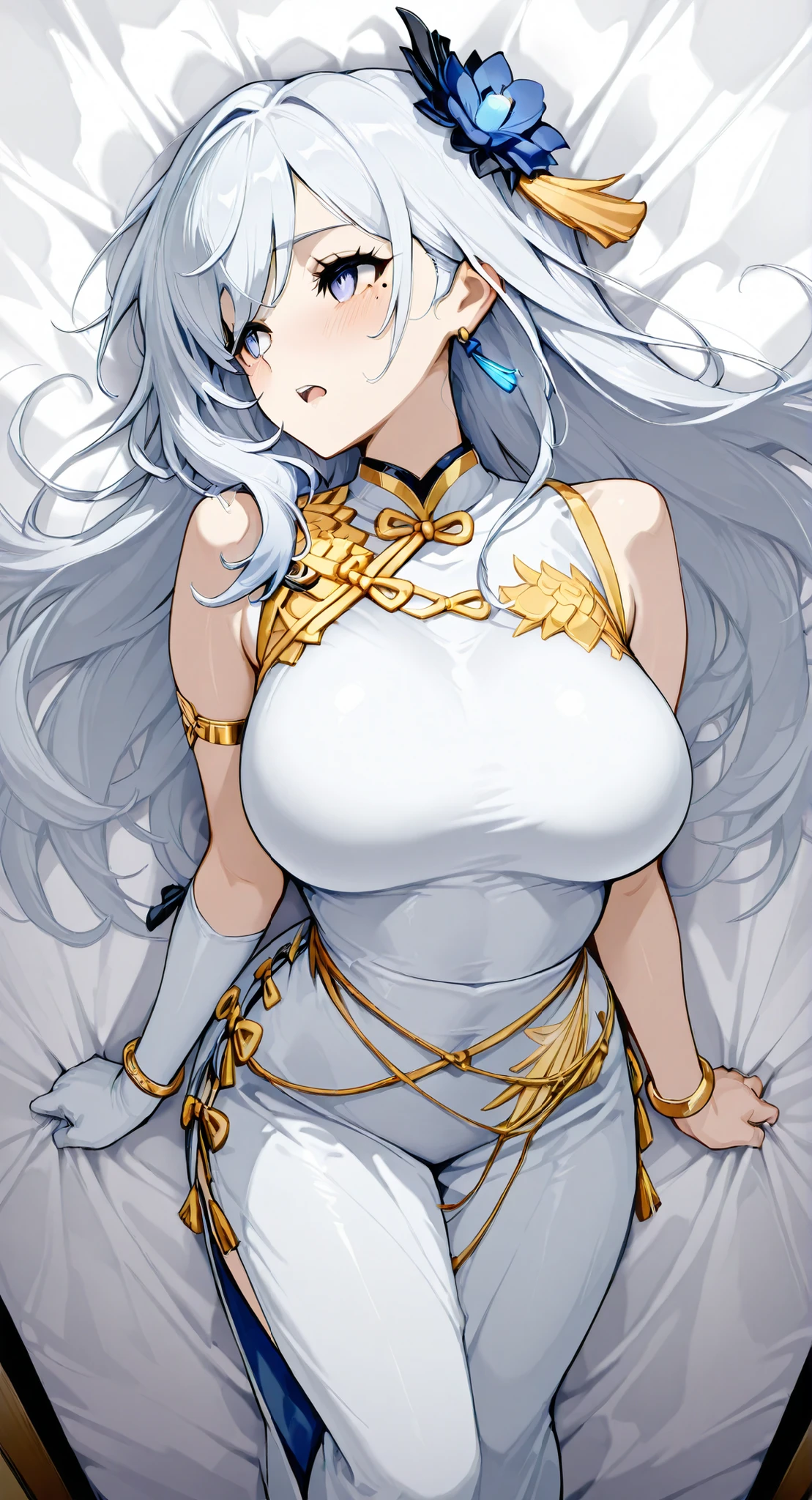 mole under eye、Armlet for left arm、bracelet for right wrist、sleeveless china ,anime girl Picture of a woman with long white hair and a flower in her hair, gray hairの deity, Anime Goddess, gray hairの, gray hairの lady, gray hair, Zodiac knight turning away, Haise Jinyao, Genshin characters、Keking, Full Body Senxia , female anime character, Picture of a woman with long white hair, perfect gray hairの girl,large breasts with good shape,thin waist,mole under eye,long gloves,earring,no background,moist eyes、Kind Eyes、gentle expression、Blush、Open Lips 、 Very large bed、my whole body lies on a white sheet、My face completely turns straight to the side from here、Arching back, ecstasy, climax, orgasm, open mouth, blush, frown、sex、 The hair bundled in the back is a braid, cowboy shot with a close cute face、 from above、 Feet outside the frame、 first-person view、, sideways, from side