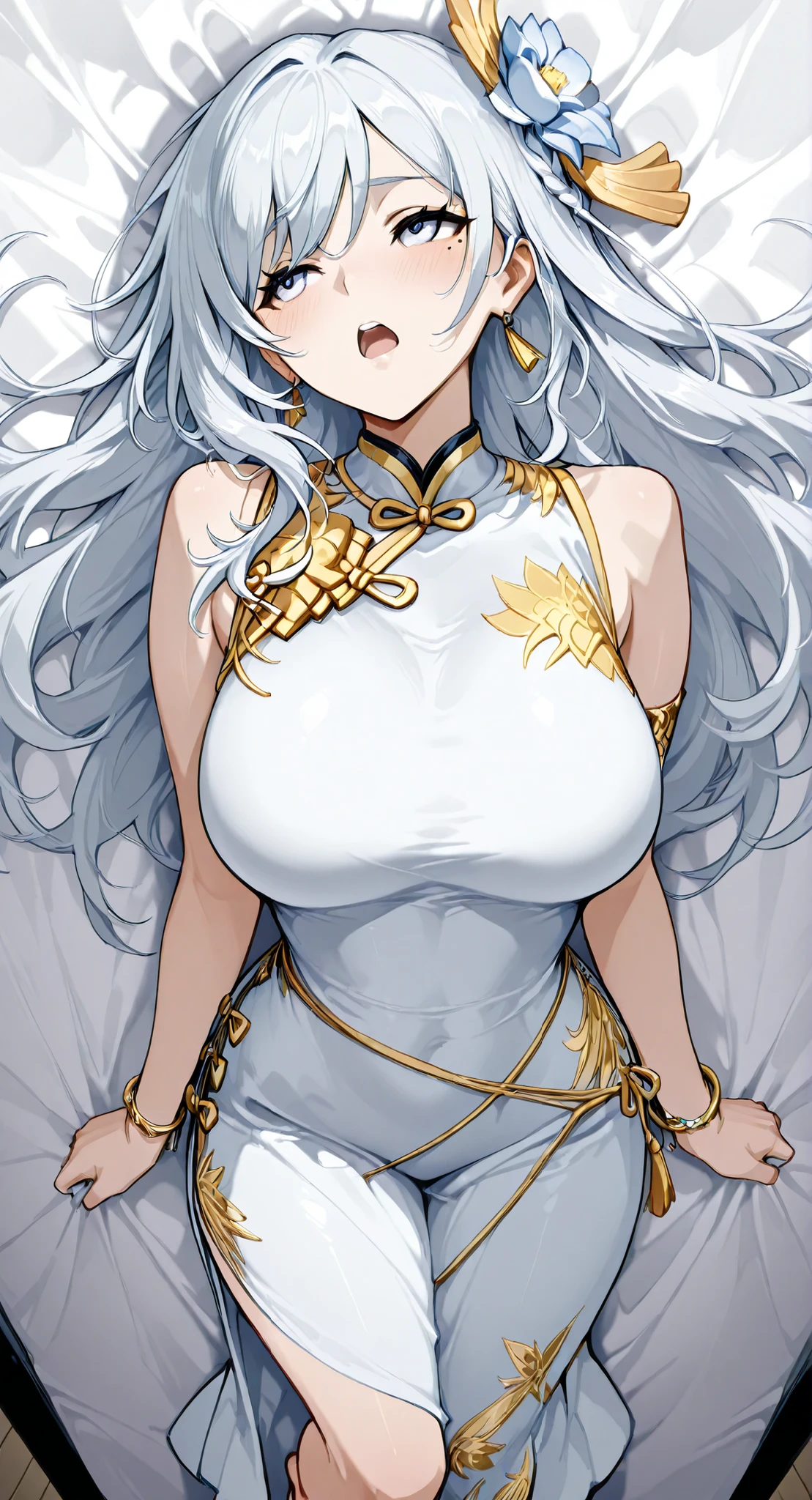 mole under eye、Armlet for left arm、bracelet for right wrist、sleeveless china ,anime girl Picture of a woman with long white hair and a flower in her hair, gray hairの deity, Anime Goddess, gray hairの, gray hairの lady, gray hair, Zodiac knight turning away, Haise Jinyao, Genshin characters、Keking, Full Body Senxia , female anime character, Picture of a woman with long white hair, perfect gray hairの girl,large breasts with good shape,thin waist,mole under eye,long gloves,earring,no background,moist eyes、Kind Eyes、gentle expression、Blush、Open Lips 、 Very large bed、my whole body lies on a white sheet、My face completely turns straight to the side from here、Arching back, ecstasy, climax, orgasm, open mouth, blush, frown、sex、 The hair bundled in the back is a braid, cowboy shot with a close cute face、 from above、 Feet outside the frame、 first-person view、, sideways, from side