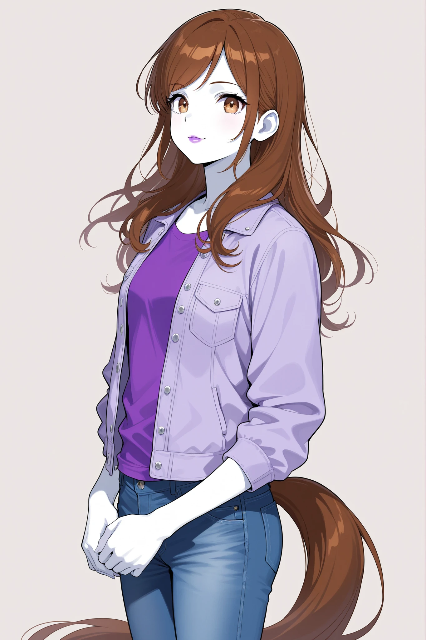 A girl with long straight brown hair, hazel eyes, sharp features, white skin, light cherry lip gloss, beautiful, perfect horse tail hairstyles, wearing a purple t-shirt, jeans jacket, front look, accurate technician, bright and clear colors, high quality resolution .