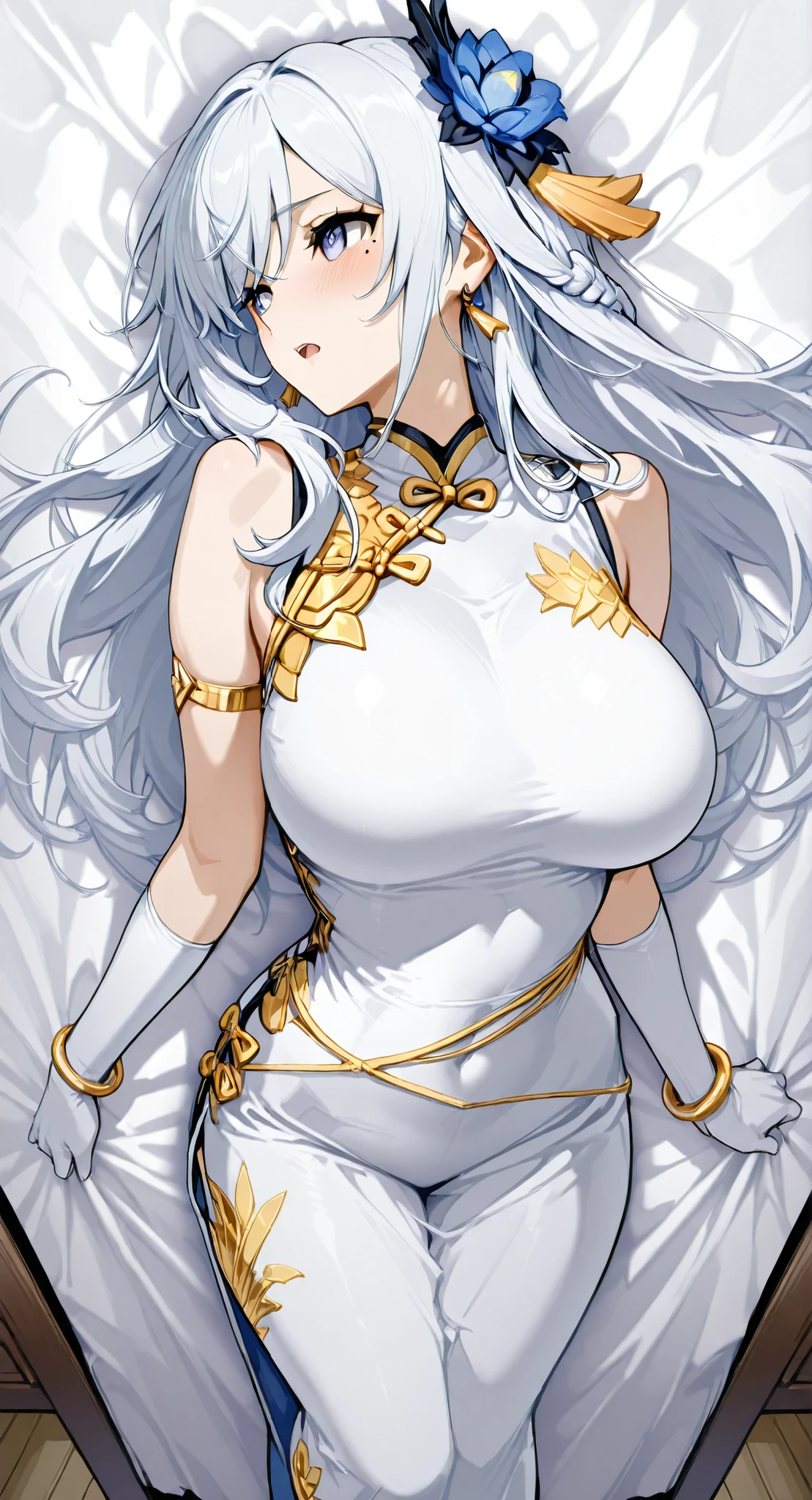 mole under eye、Armlet for left arm、bracelet for right wrist、sleeveless china ,anime girl Picture of a woman with long white hair and a flower in her hair, gray hairの deity, Anime Goddess, gray hairの, gray hairの lady, gray hair, Zodiac knight turning away, Haise Jinyao, Genshin characters、Keking, Full Body Senxia , female anime character, Picture of a woman with long white hair, perfect gray hairの girl,large breasts with good shape,thin waist,mole under eye,long gloves,earring,no background,moist eyes、Kind Eyes、gentle expression、Blush、Open Lips 、 Very large bed、my whole body lies on a white sheet、My face completely turns straight to the side from here、Arching back, ecstasy, climax, orgasm, open mouth, blush, frown、sex、 The hair bundled in the back is a braid, cowboy shot with a close cute face、 from above、 Feet outside the frame、 first-person view、, sideways, from side
